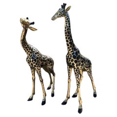 Striking Pair of Large Brass Sculptures of Giraffes 