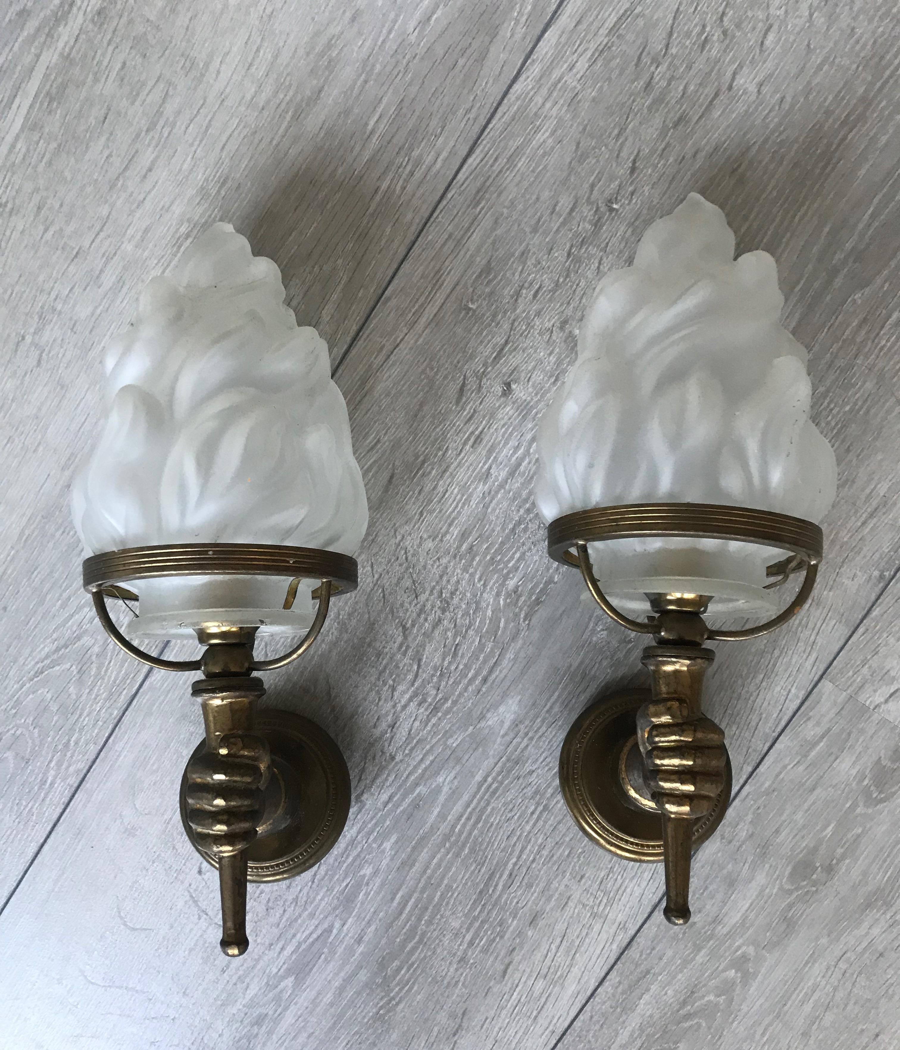 Striking Pair of Maison Baguès Style Opposite Hand Sconces W. Glass Flame Shades 9