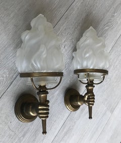Striking Pair of Maison Baguès Style Opposite Hand Sconces W. Glass Flame Shades