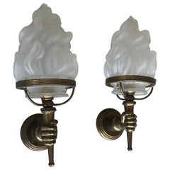Striking Pair of Maison Baguès Style Opposite Hand Sconces W. Glass Flame Shades