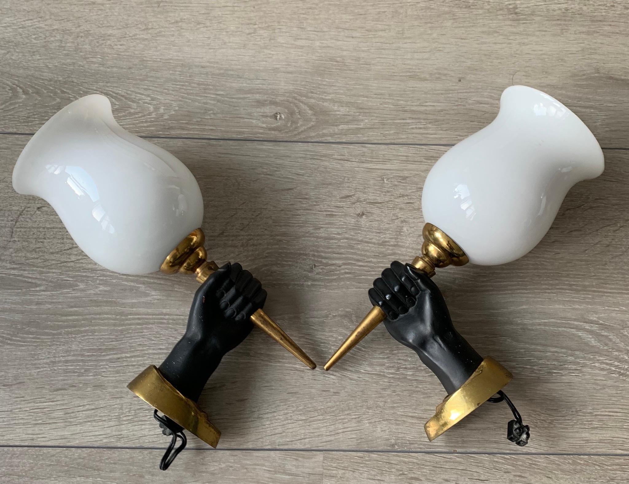 Striking Pair of Maison Baguès Style Opposite Hand Sconces w Opaline Glass Shade 6
