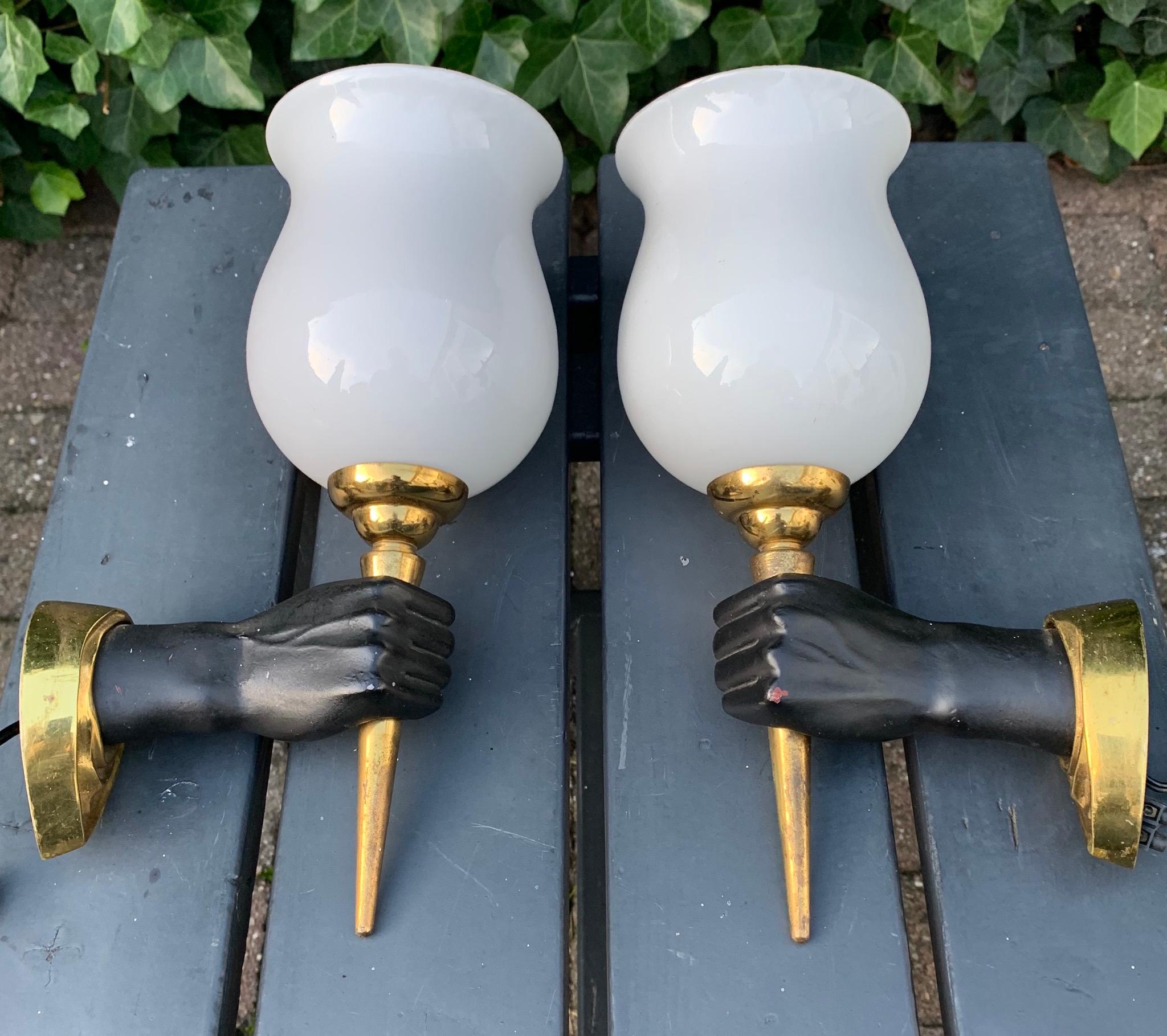 French Striking Pair of Maison Baguès Style Opposite Hand Sconces w Opaline Glass Shade