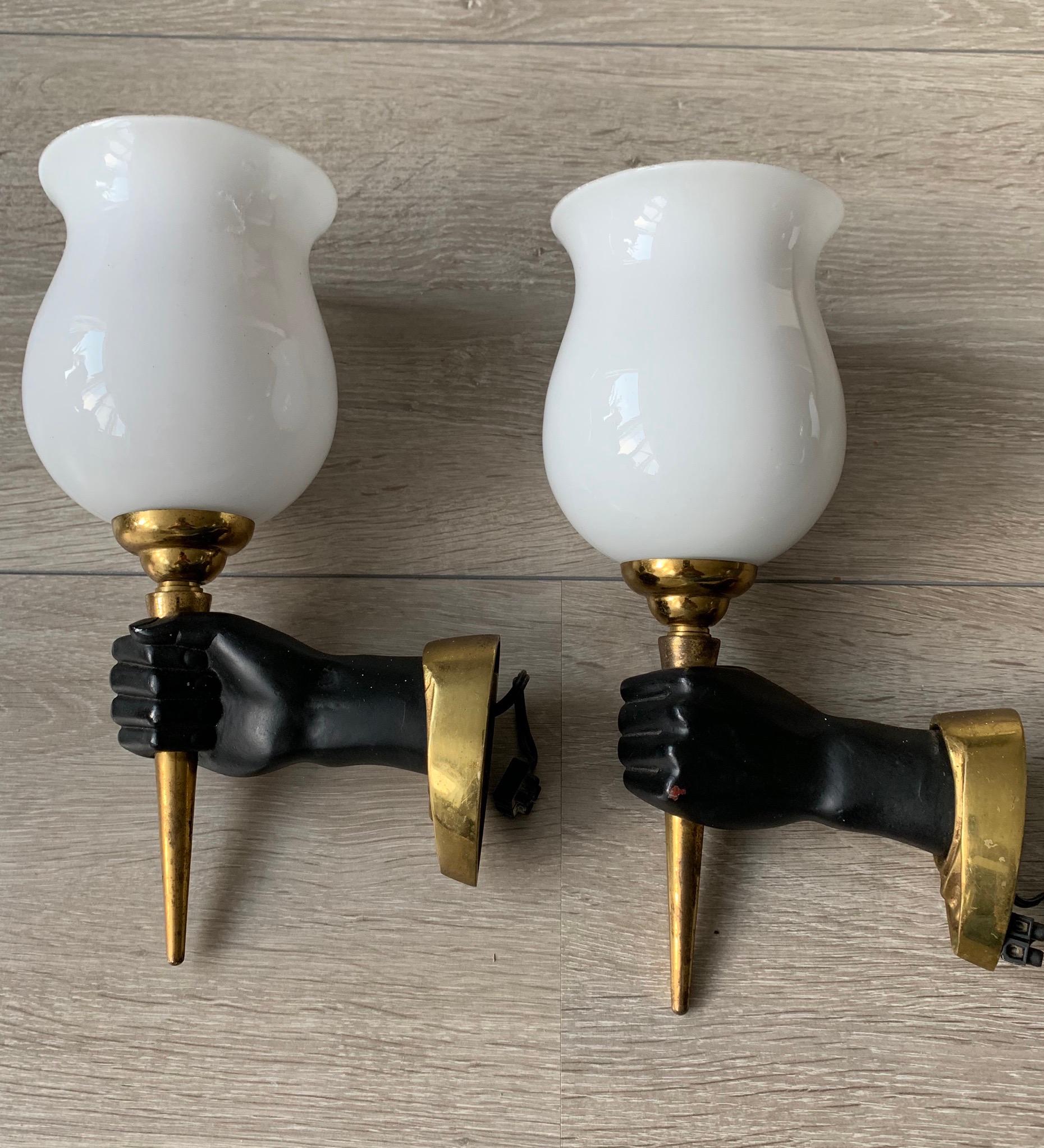 Striking Pair of Maison Baguès Style Opposite Hand Sconces w Opaline Glass Shade 2