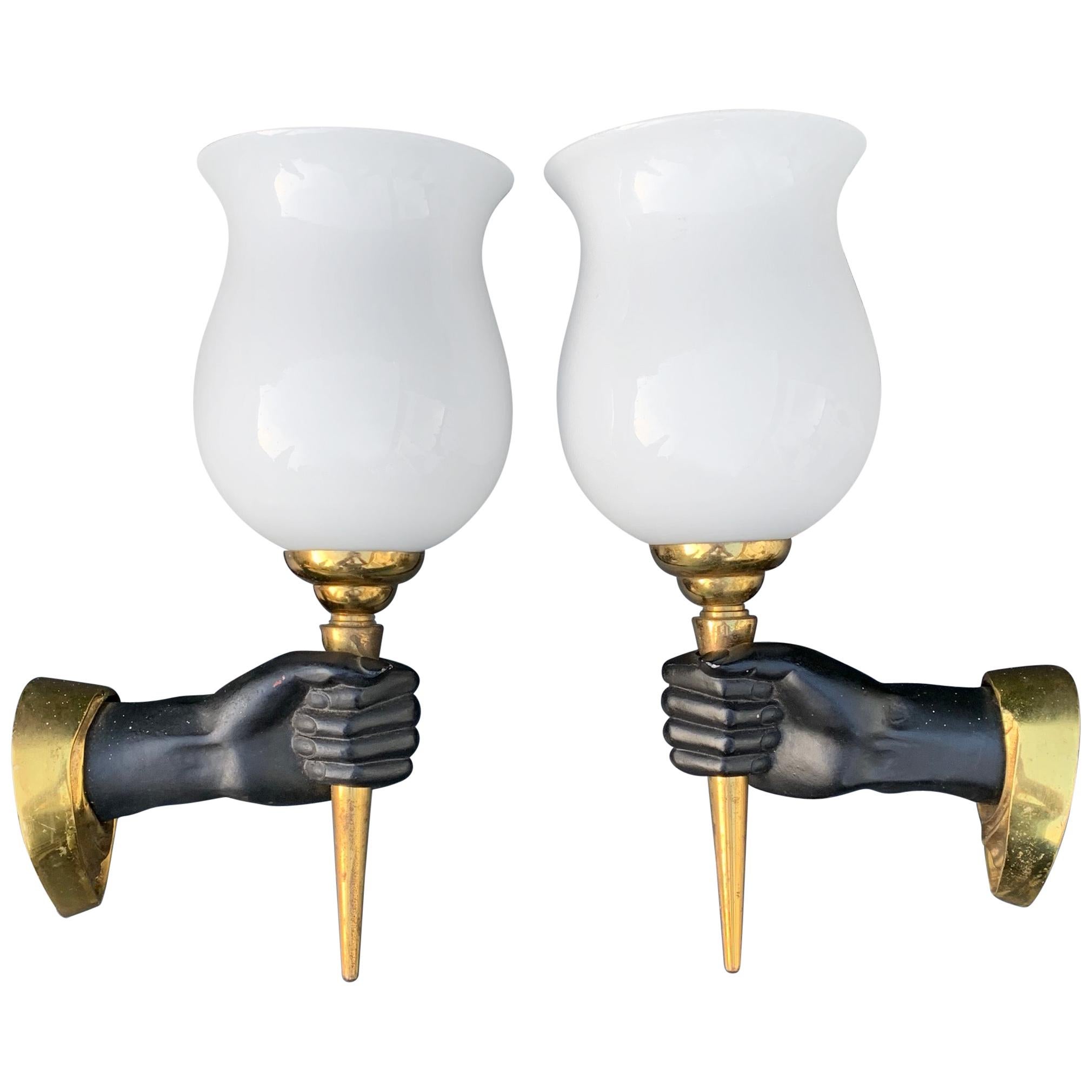 Striking Pair of Maison Baguès Style Opposite Hand Sconces w Opaline Glass Shade