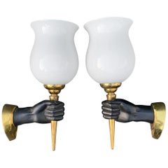 Striking Pair of Maison Baguès Style Opposite Hand Sconces w Opaline Glass Shade