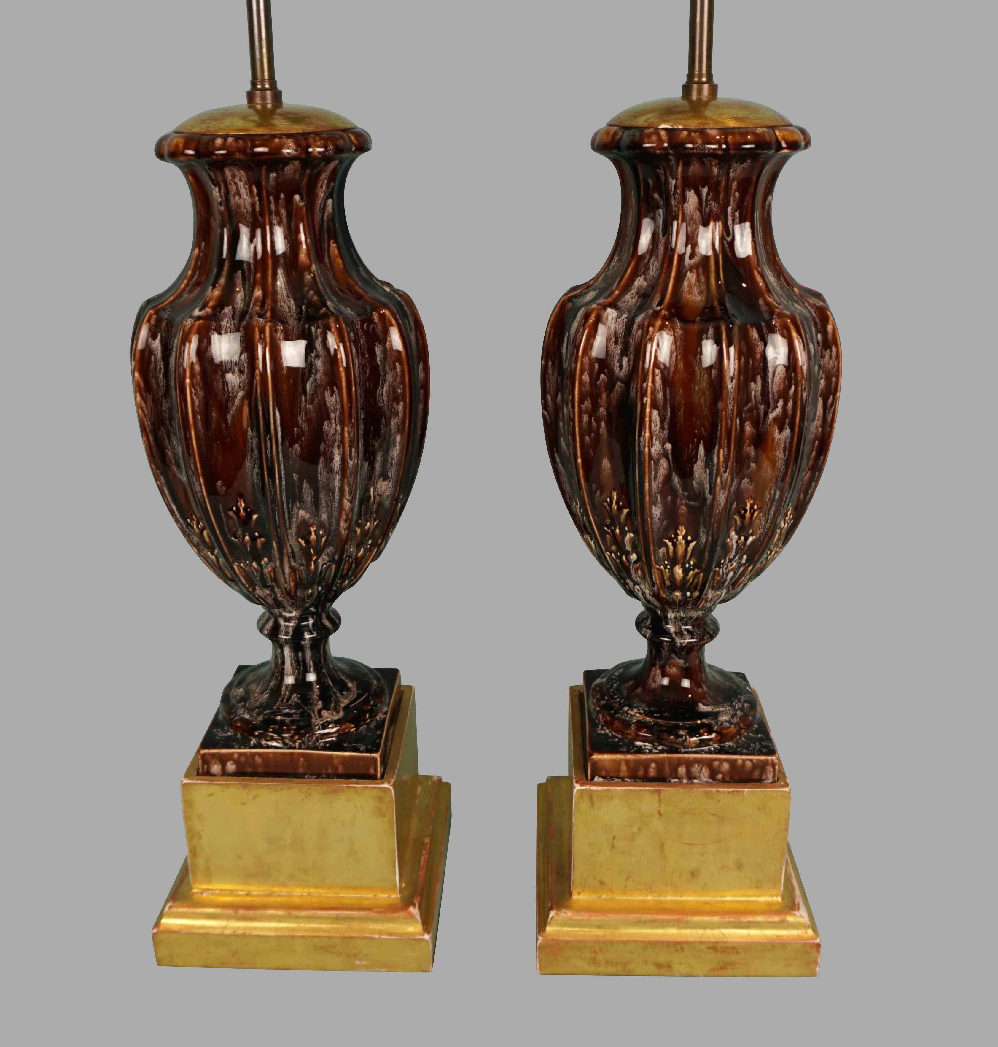 Striking Pair of Majolica Style Vases in the Neoclassical Taste Now as Lamps In Good Condition For Sale In San Francisco, CA