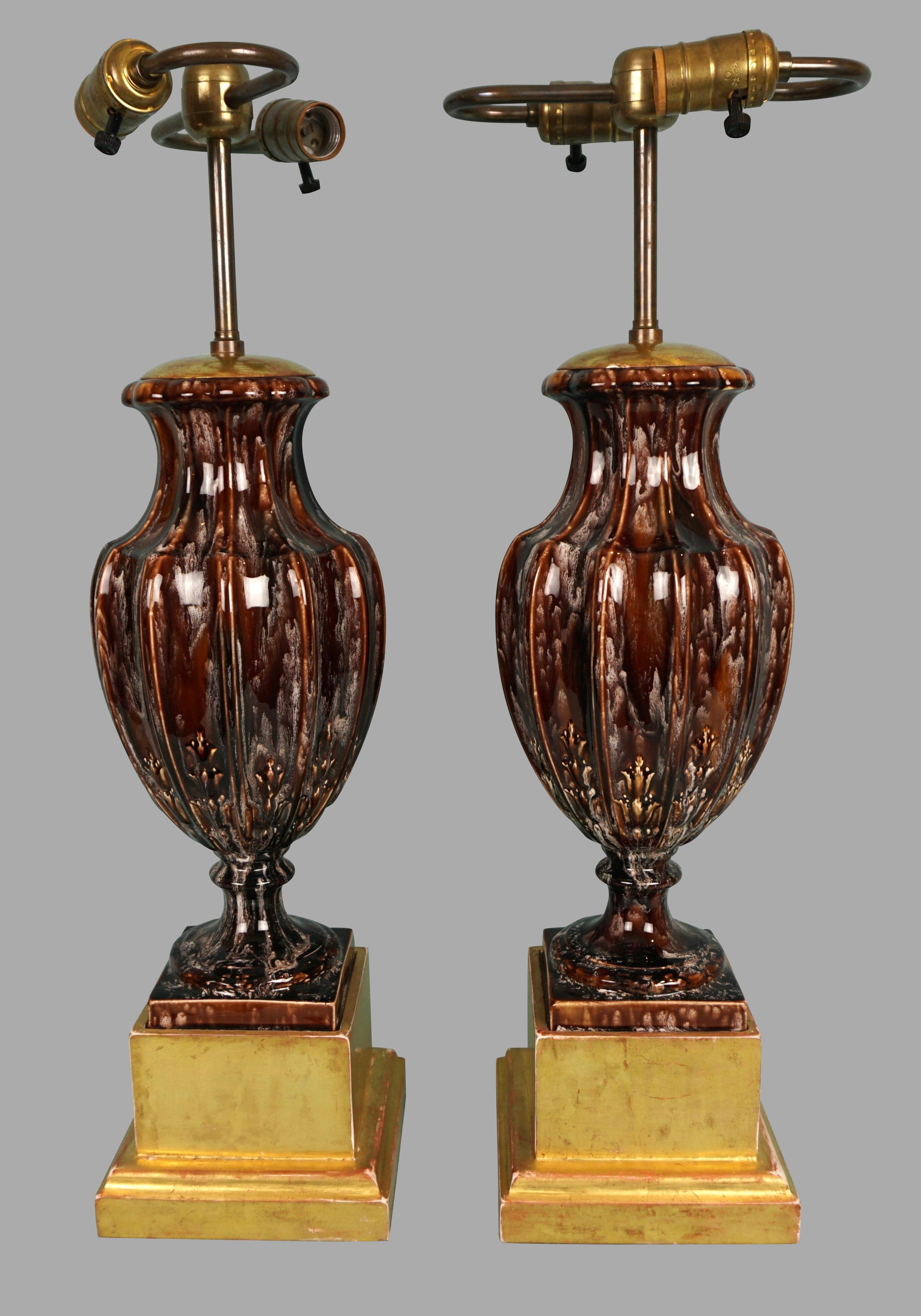 Striking Pair of Majolica Style Vases in the Neoclassical Taste Now as Lamps For Sale 1