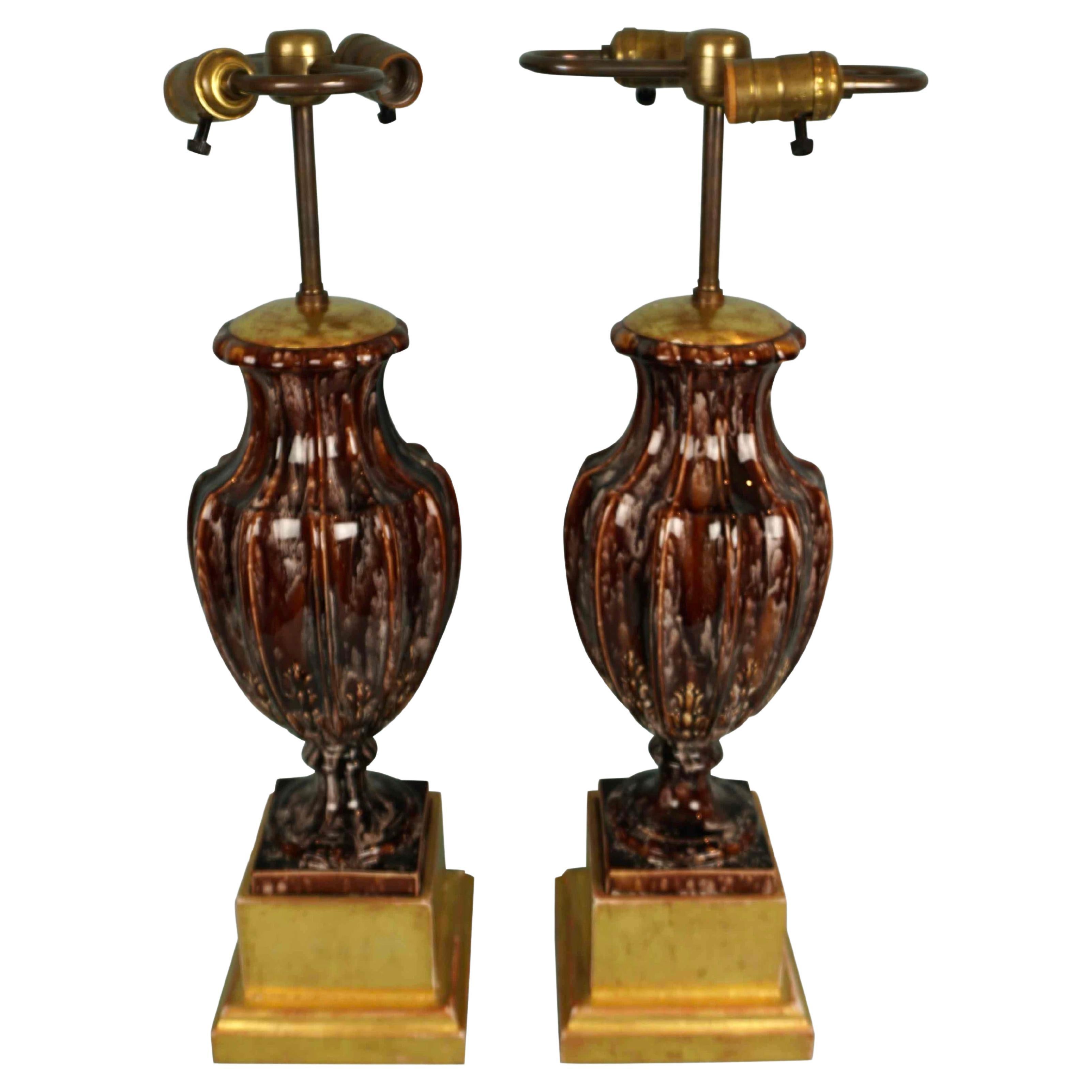 Striking Pair of Majolica Style Vases in the Neoclassical Taste Now as Lamps For Sale