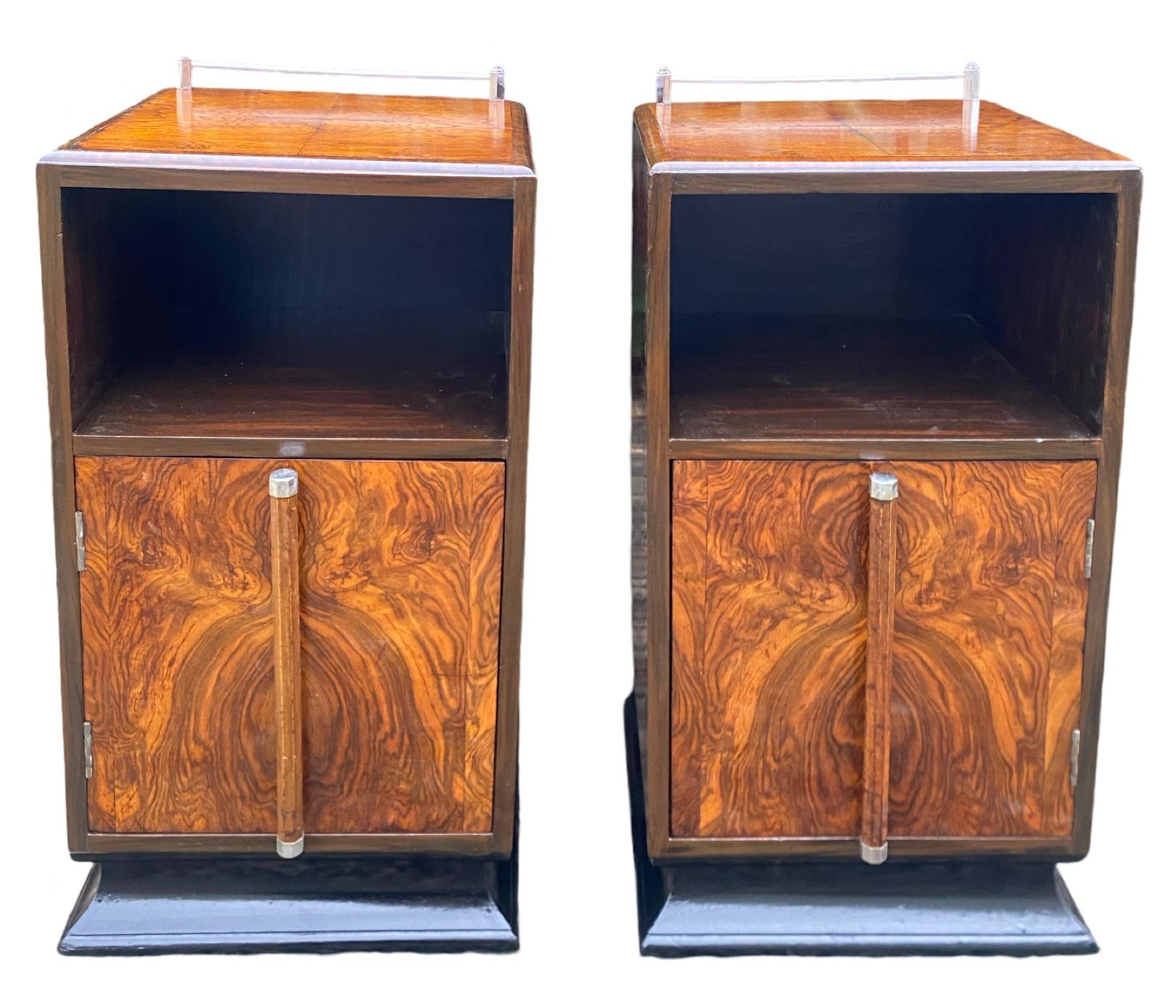 Gorgeous pair of matching Art Deco Bedside Cabinets with the most beautiful highly figured walnut doors. The chrome up-stands and hinges have been removed and highly buffed to create a wonderful contrast to the veneers. The doors, as well as being