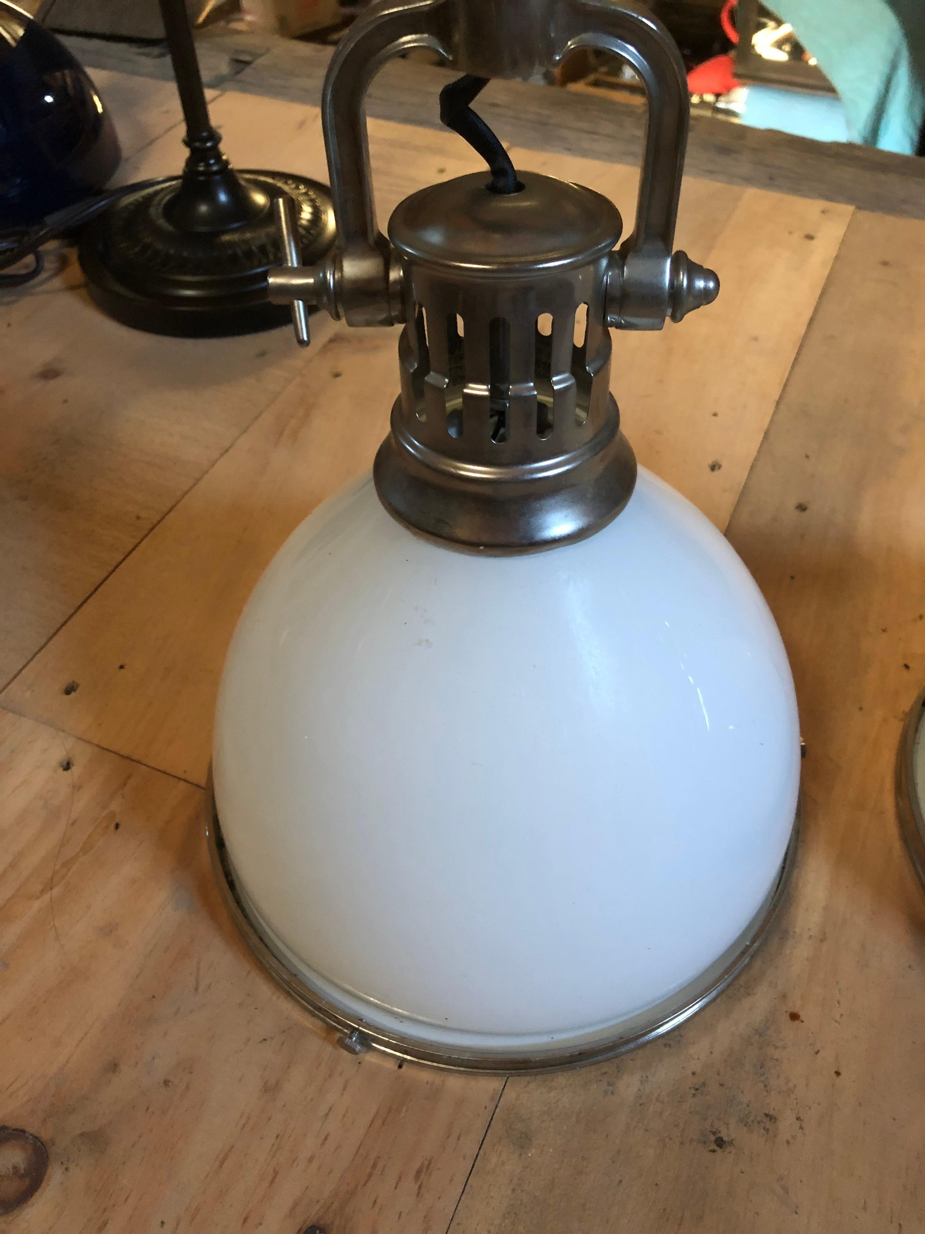 Contemporary Striking Pair of Medium Sized Hudson Valley Lighting Industrial Pendants For Sale