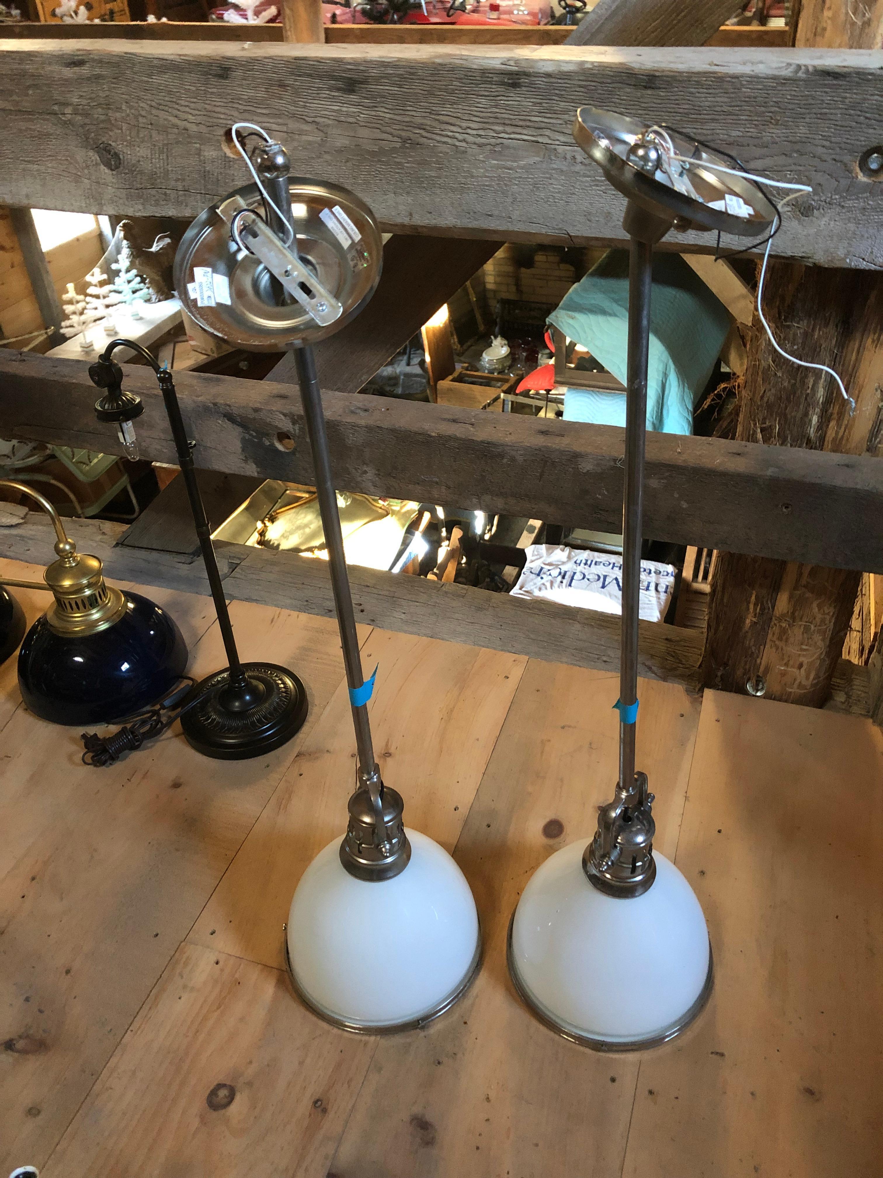Milk Glass Striking Pair of Medium Sized Hudson Valley Lighting Industrial Pendants For Sale