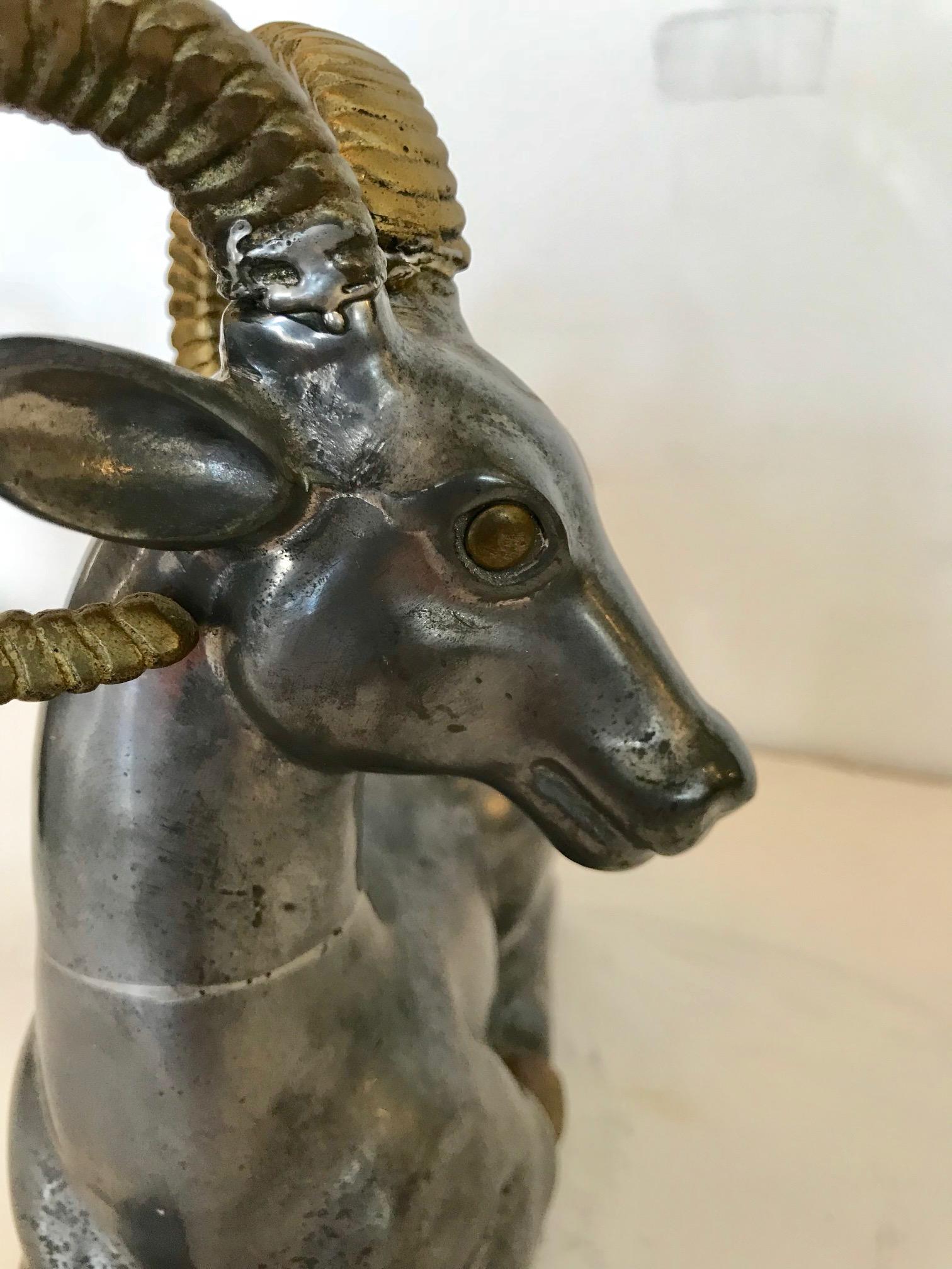 Striking Pair of Mid-Century Modern Mixed-Metal Ram Sculptures In Excellent Condition For Sale In Hopewell, NJ