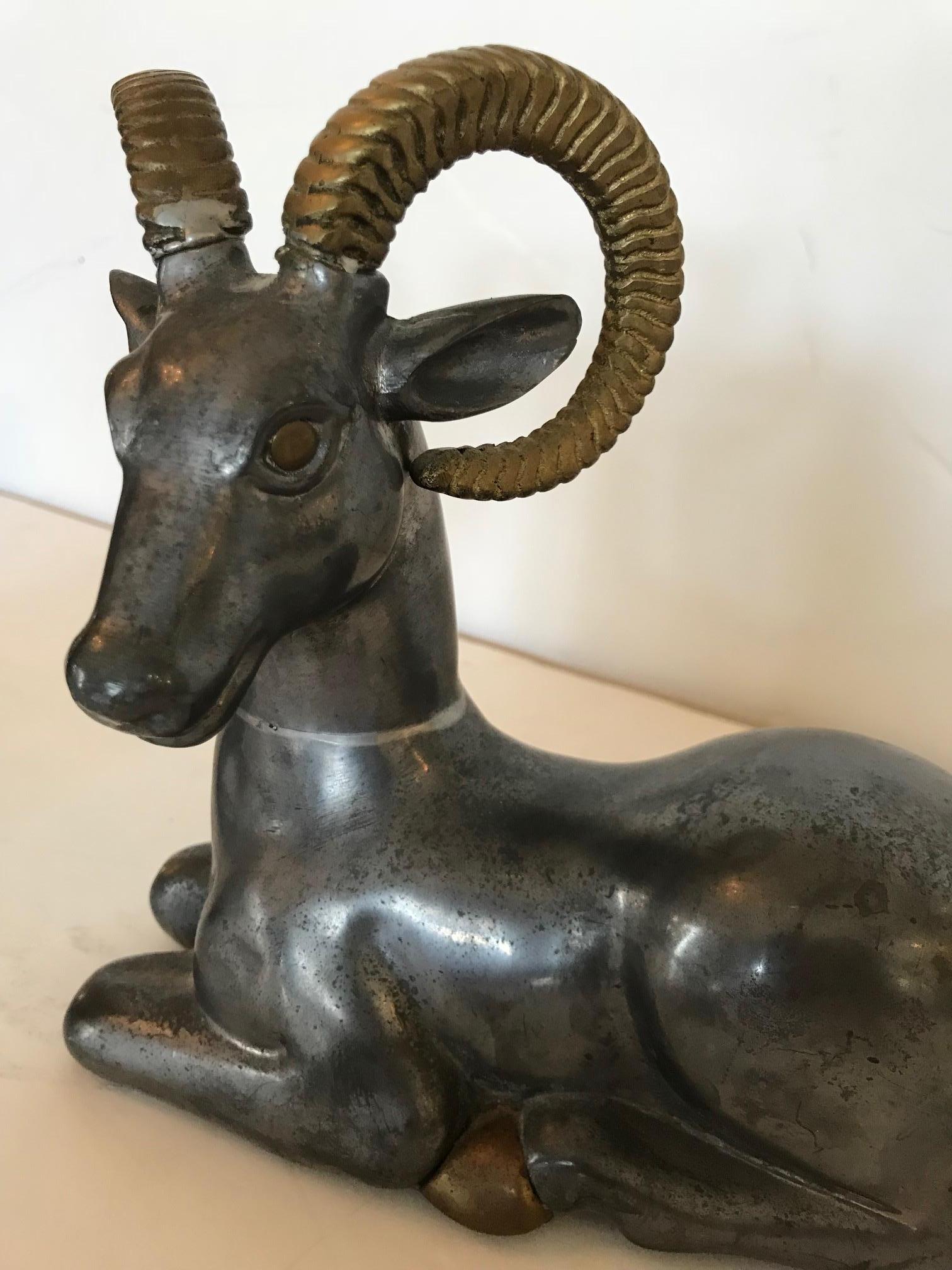 Late 20th Century Striking Pair of Mid-Century Modern Mixed-Metal Ram Sculptures For Sale