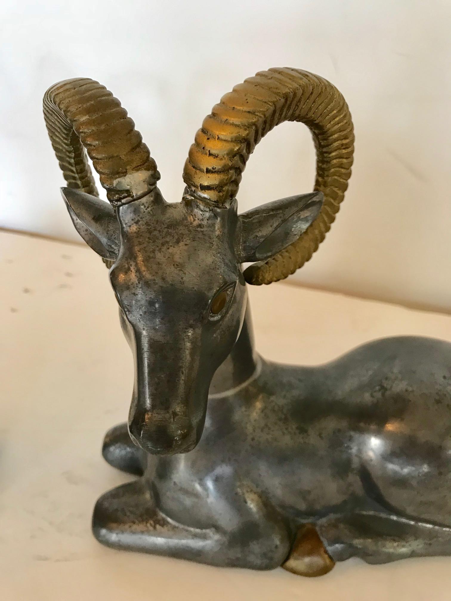 Striking Pair of Mid-Century Modern Mixed-Metal Ram Sculptures For Sale 1