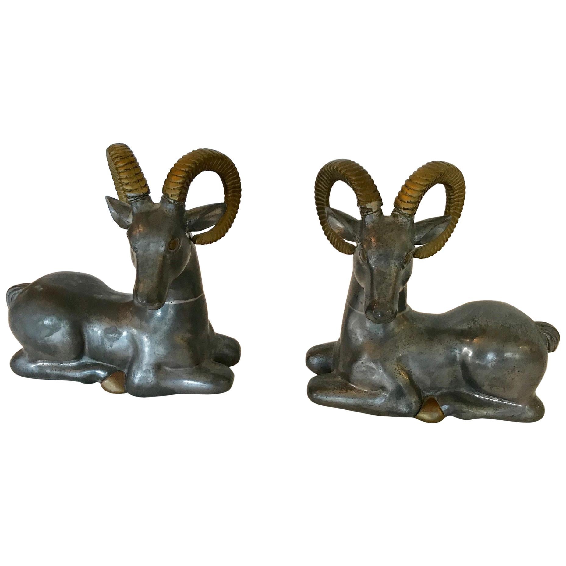 Striking Pair of Mid-Century Modern Mixed-Metal Ram Sculptures For Sale