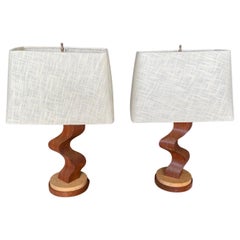 Striking Pair of Mid-Century Modern Sculptured Wavy Teak Table Lamps