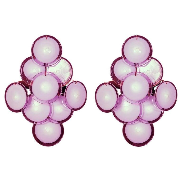 Striking Pair of Modern Amethyst Color Disc Murano Glass Chandelier, 1970s For Sale 1