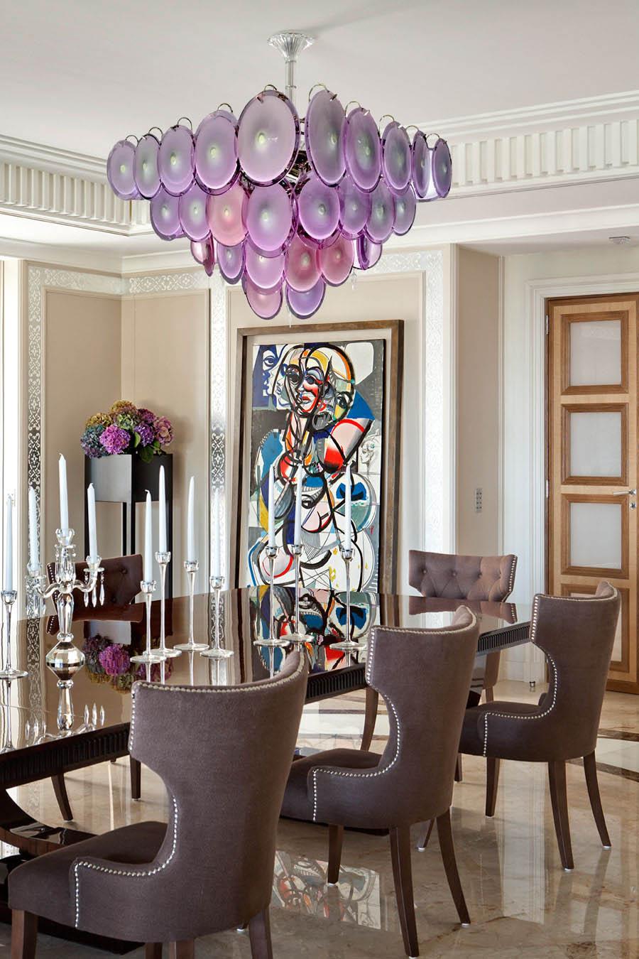 Striking Pair of Modern Amethyst Color Disc Murano Glass Chandelier, 1970s For Sale 2