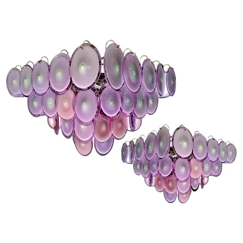 Striking Pair of Modern Amethyst Color Disc Murano Glass Chandelier, 1970s For Sale