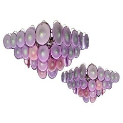 Striking Pair of Modern Amethyst Color Disc Murano Glass Chandelier, 1970s
