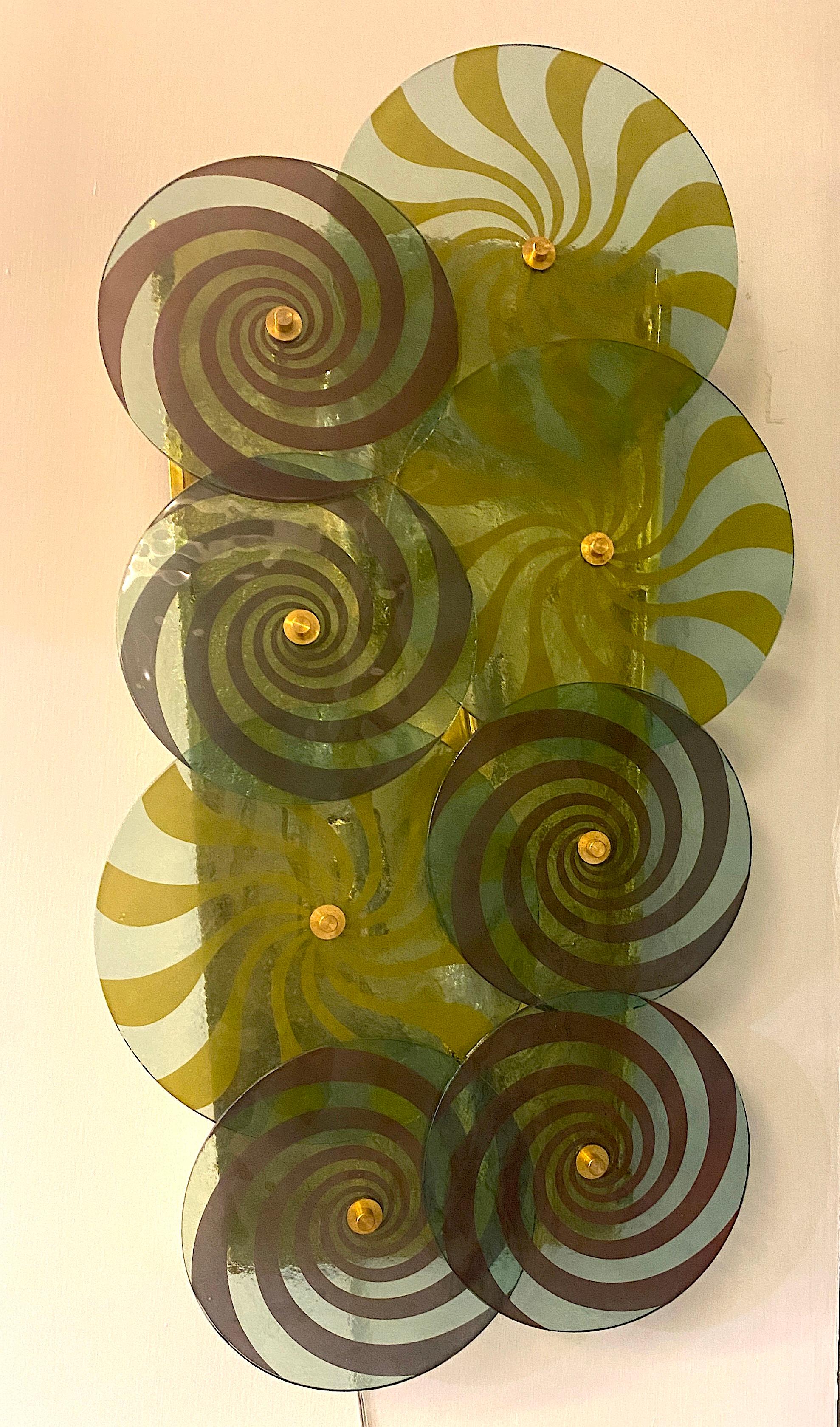 Striking Pair of Modern Disc Murano Glass Sconces or Wall Light For Sale 7