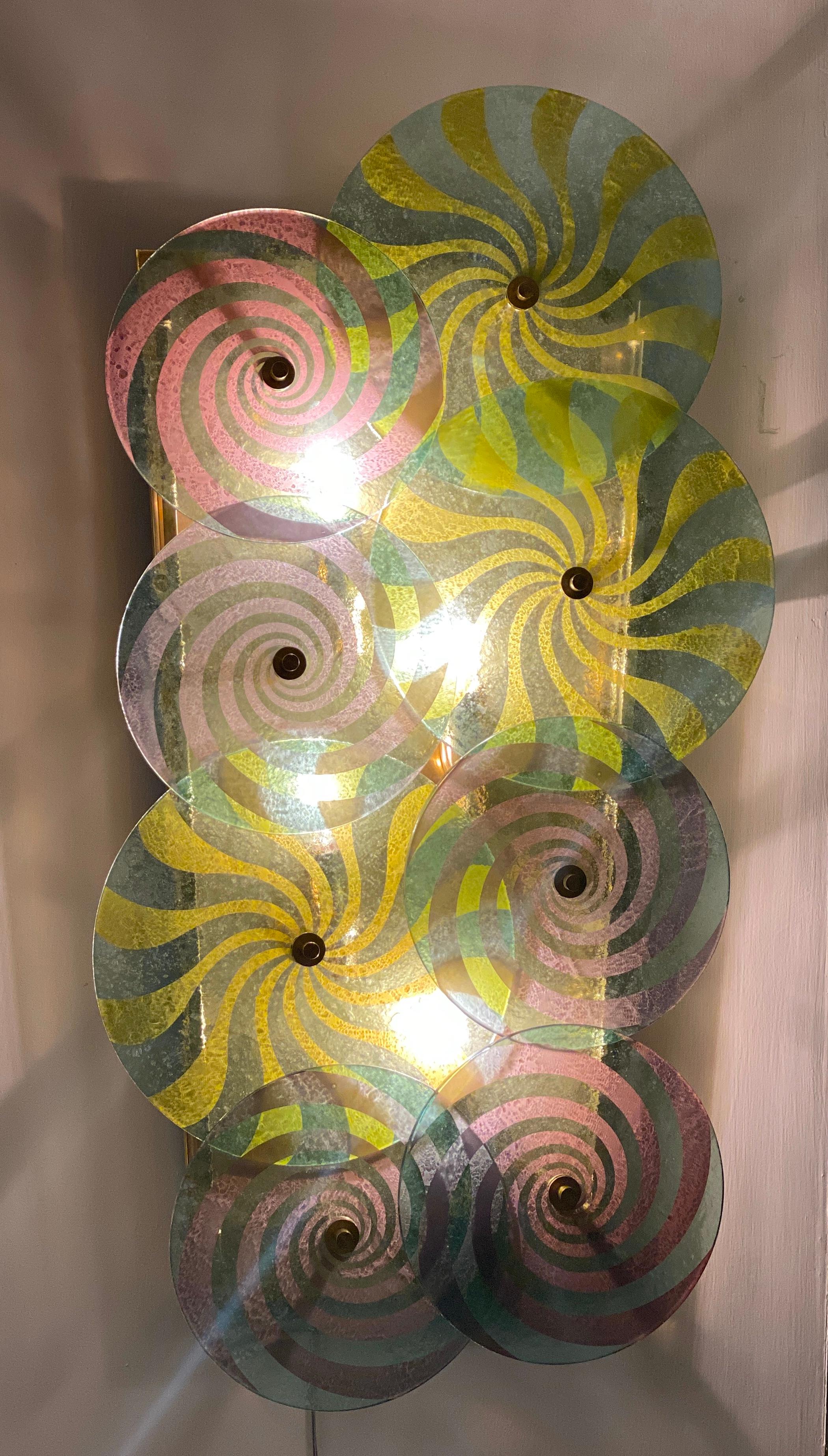 Striking Pair of Modern Disc Murano Glass Sconces or Wall Light In Excellent Condition For Sale In Rome, IT