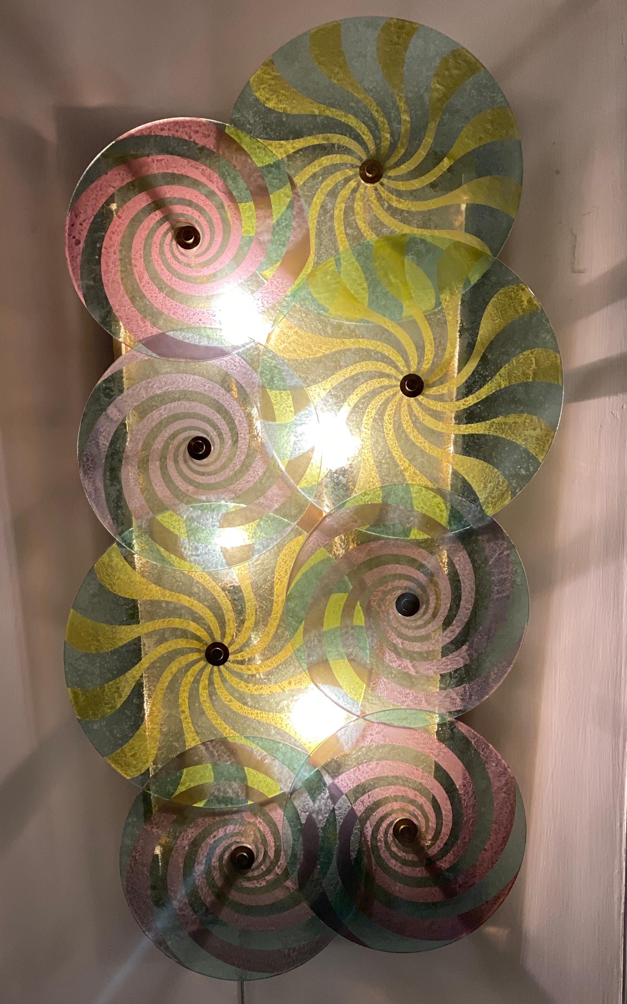 Contemporary Striking Pair of Modern Disc Murano Glass Sconces or Wall Light For Sale
