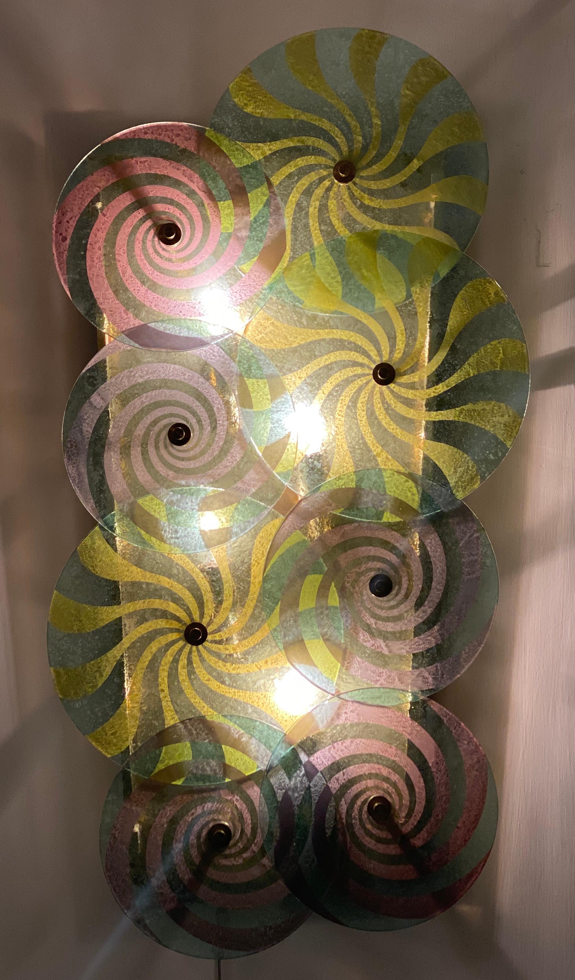 Blown Glass Striking Pair of Modern Disc Murano Glass Sconces or Wall Light