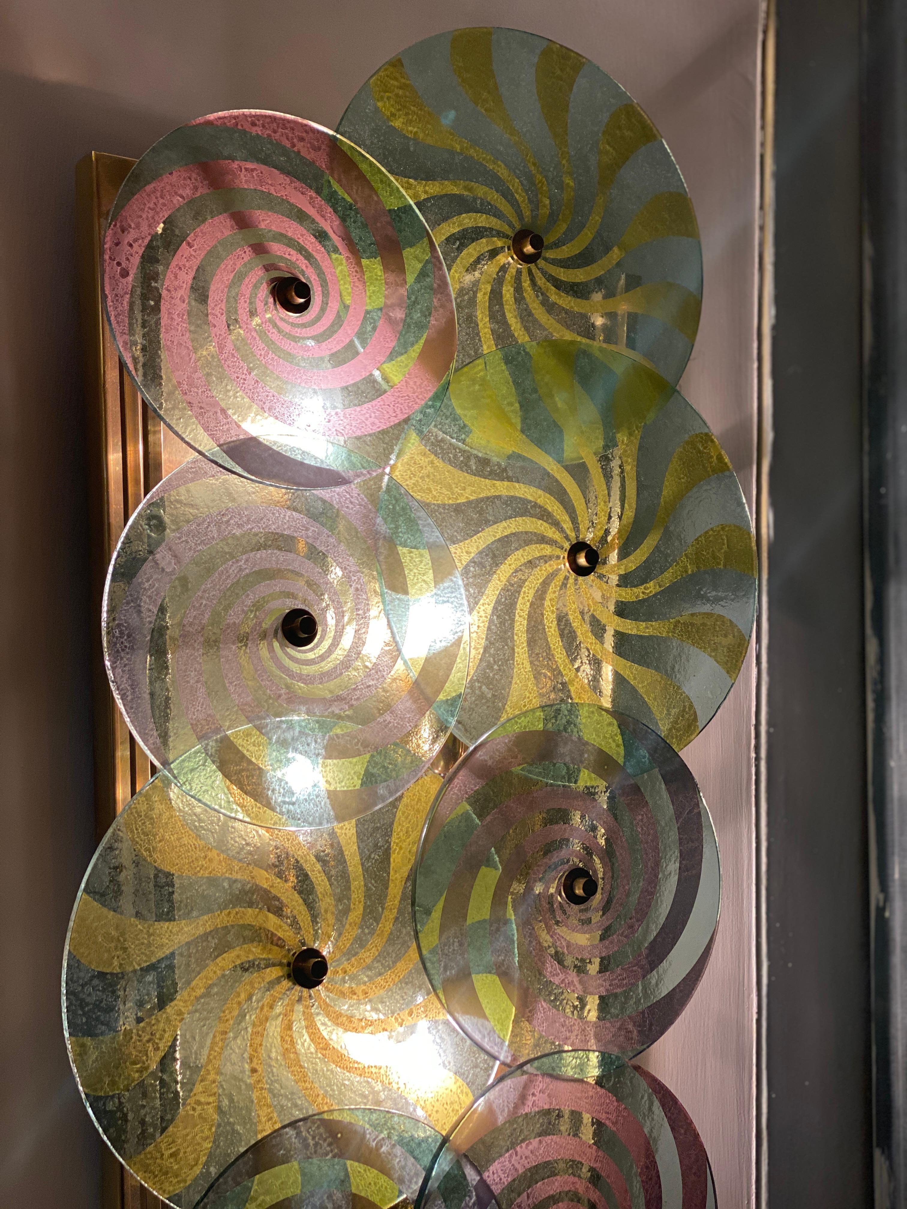 Striking Pair of Modern Disc Murano Glass Sconces or Wall Light For Sale 2