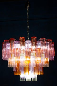 Striking Pair of Modern Multicolore Murano Glass Tronchi Chandelier