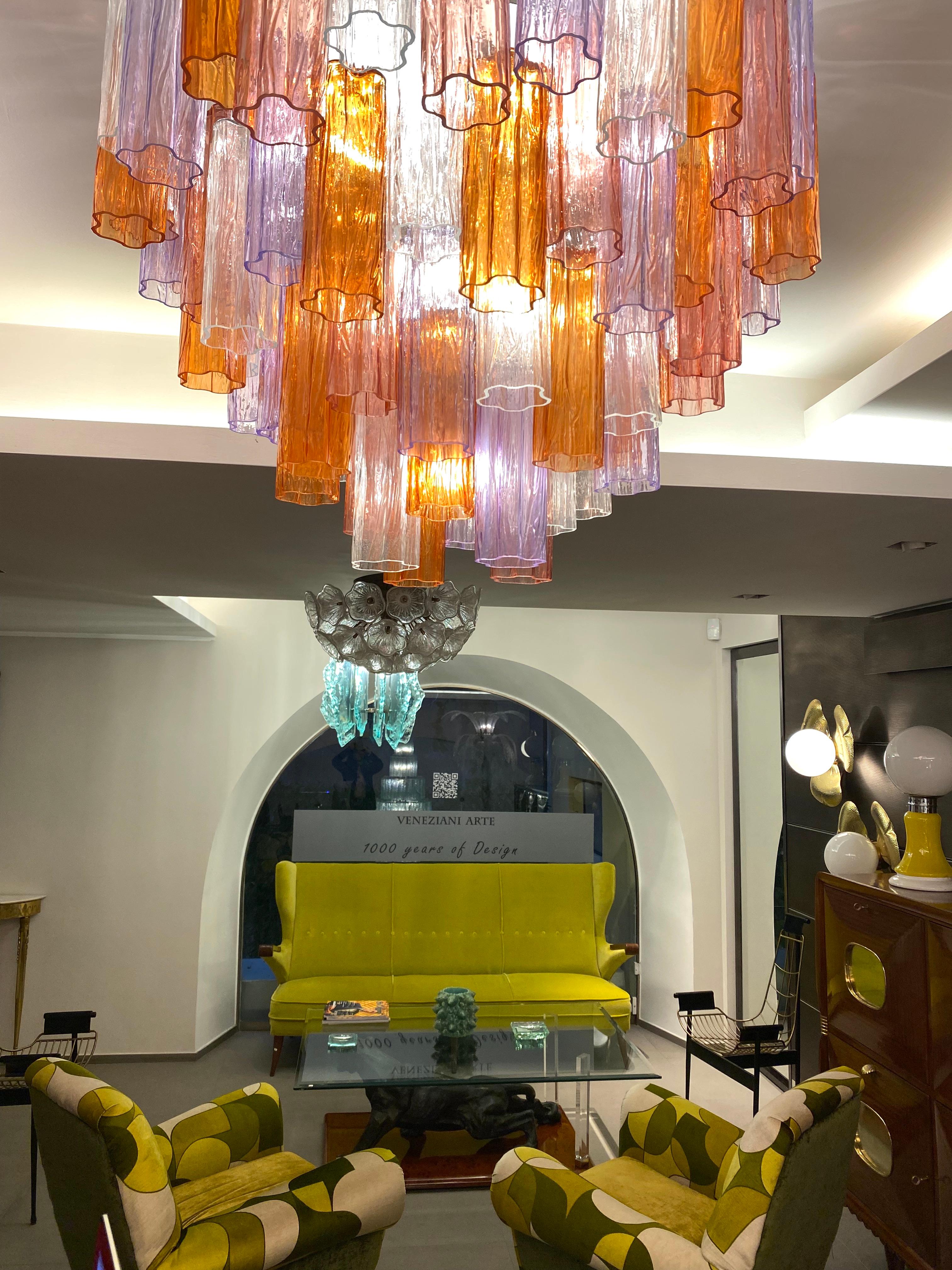 Italian Striking Pair of Modern Multicolore Murano Glass Tronchi Chandelier For Sale