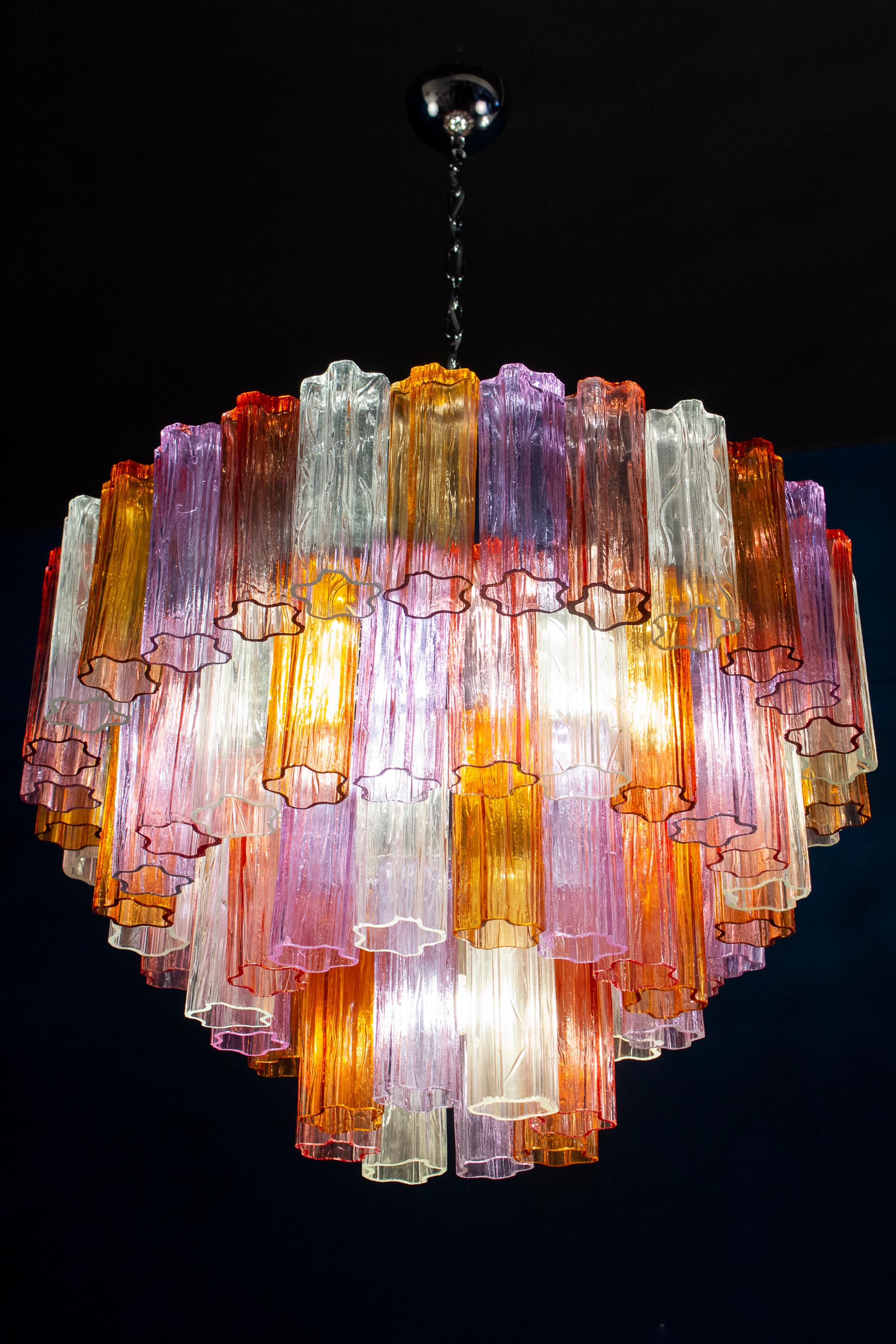 Striking Pair of Modern Multicolored Murano Glass Tronchi Chandelier For Sale 4