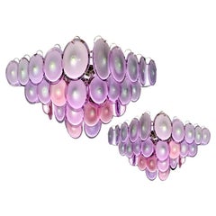 Striking Pair of Modern  Pink Amethyst Color Disc Murano Glass Chandelier, 1970s