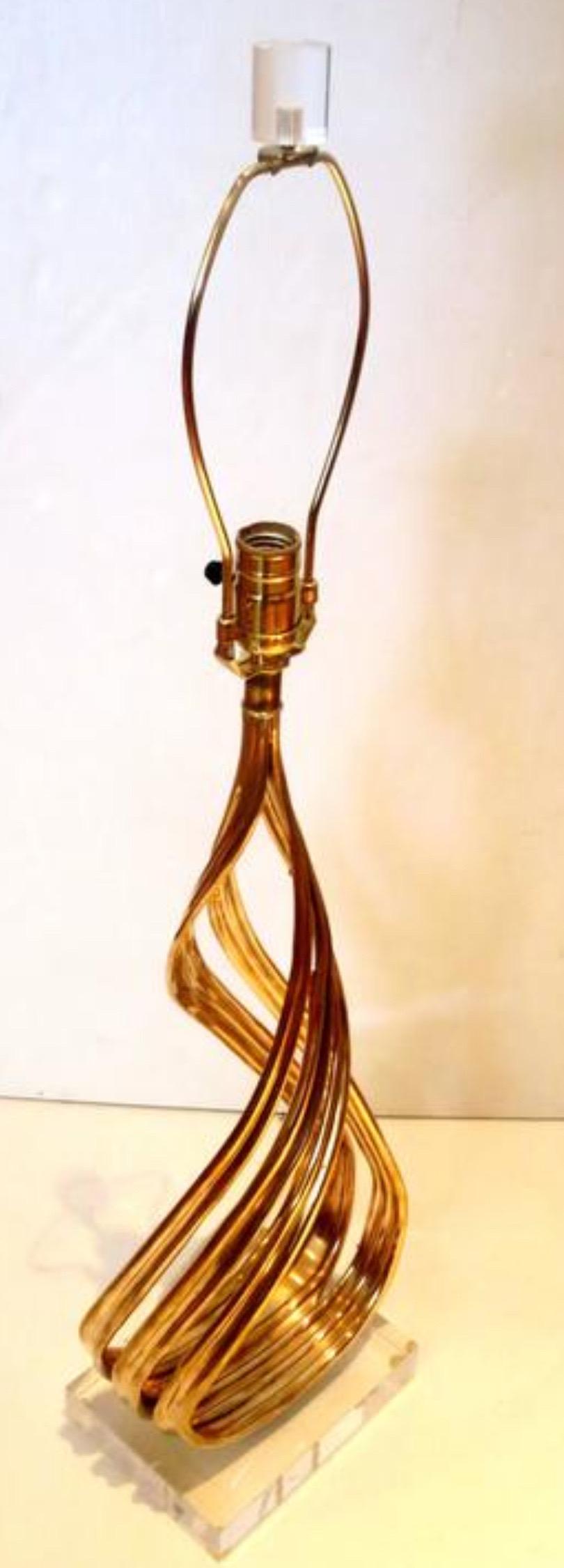 Striking Pair of Patinated Twisted Bronze and Lucite Tall Sculpted Lamps In Excellent Condition For Sale In San Diego, CA