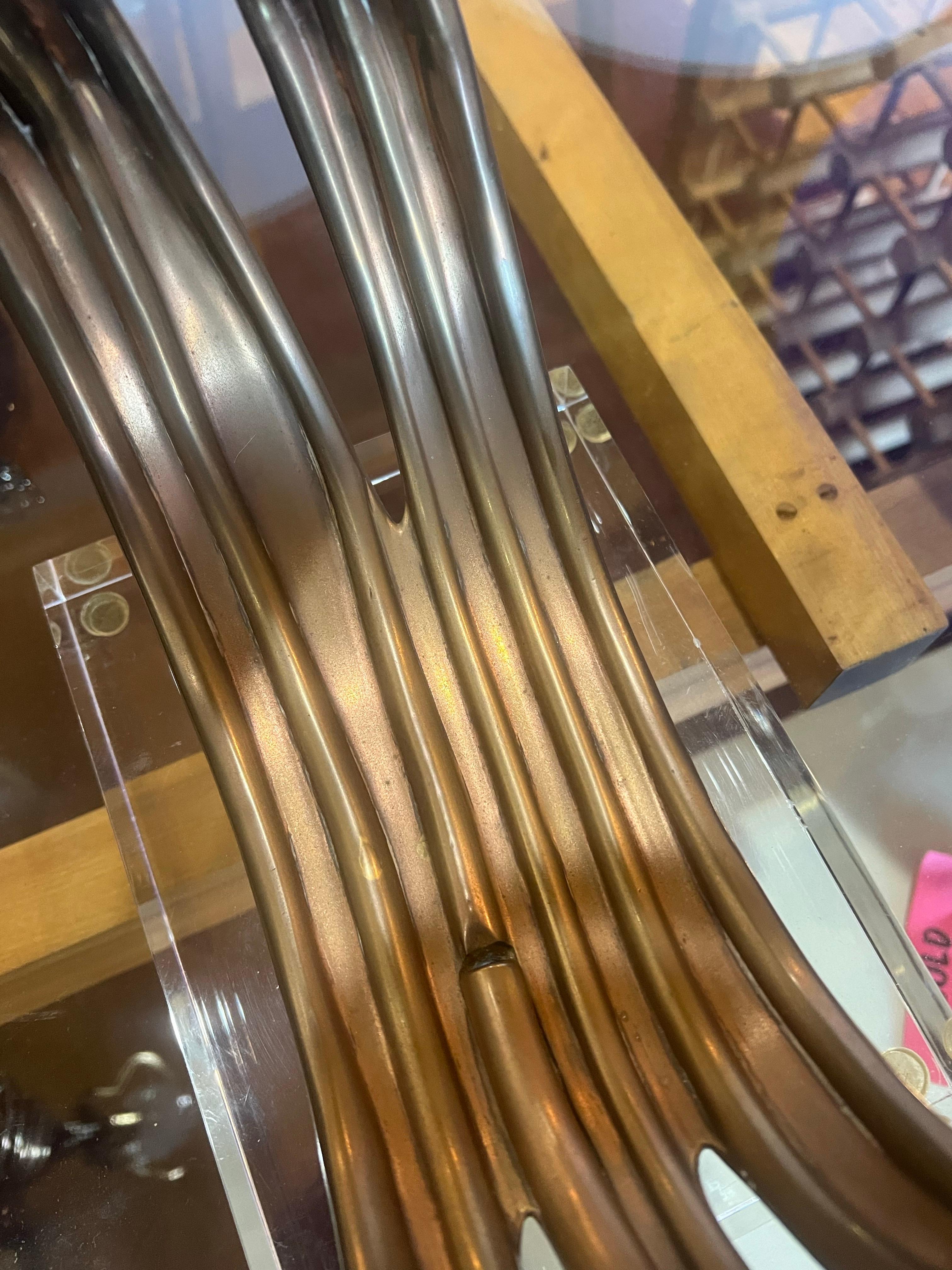 Brass Striking Pair of Patinated Twisted Bronze and Lucite Tall Sculpted Lamps For Sale