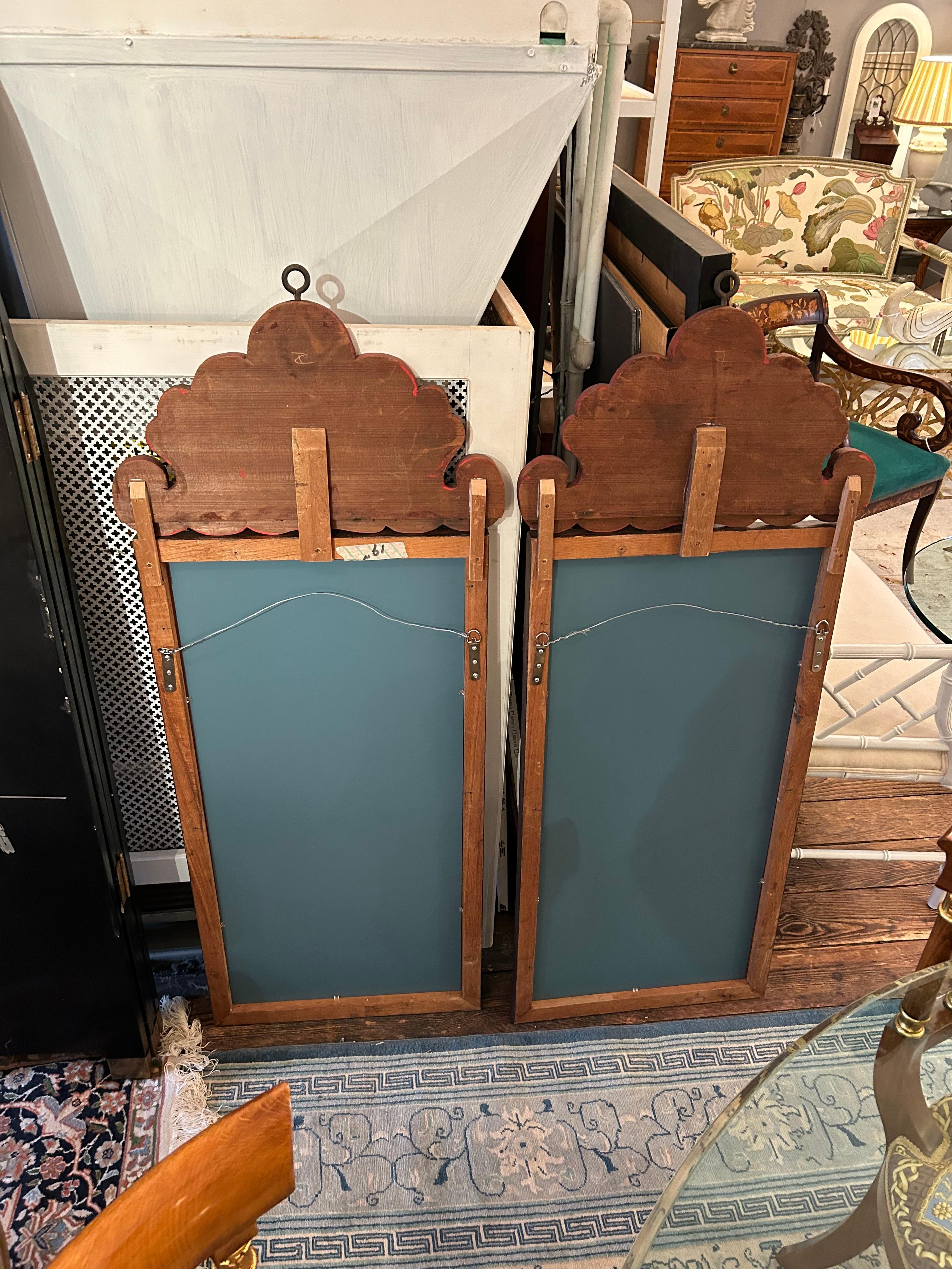 Paire de miroirs rectangulaires en bois vintage avec soleil levant japonais en vente 3