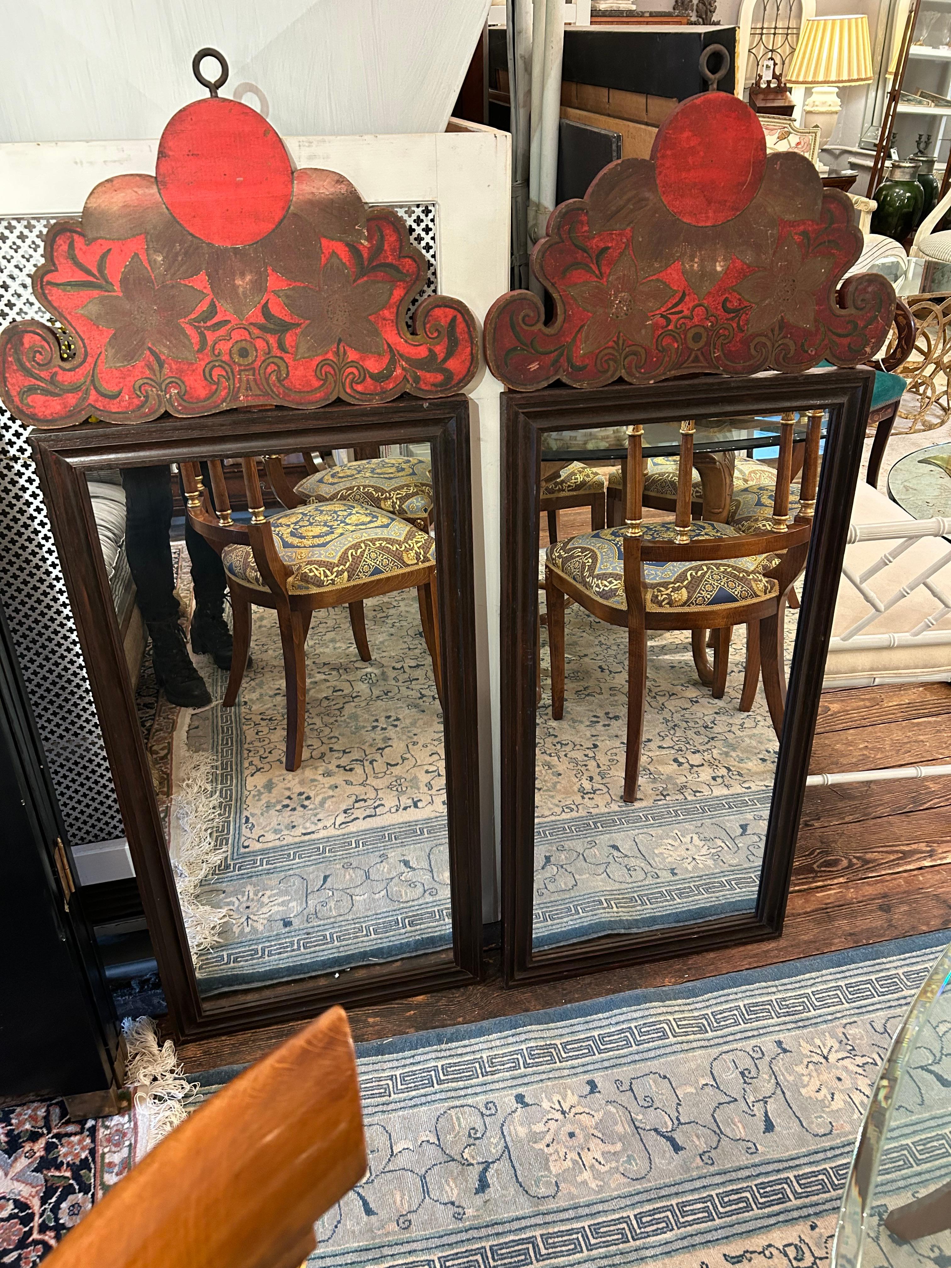 Paire de miroirs rectangulaires en bois vintage avec soleil levant japonais en vente 1