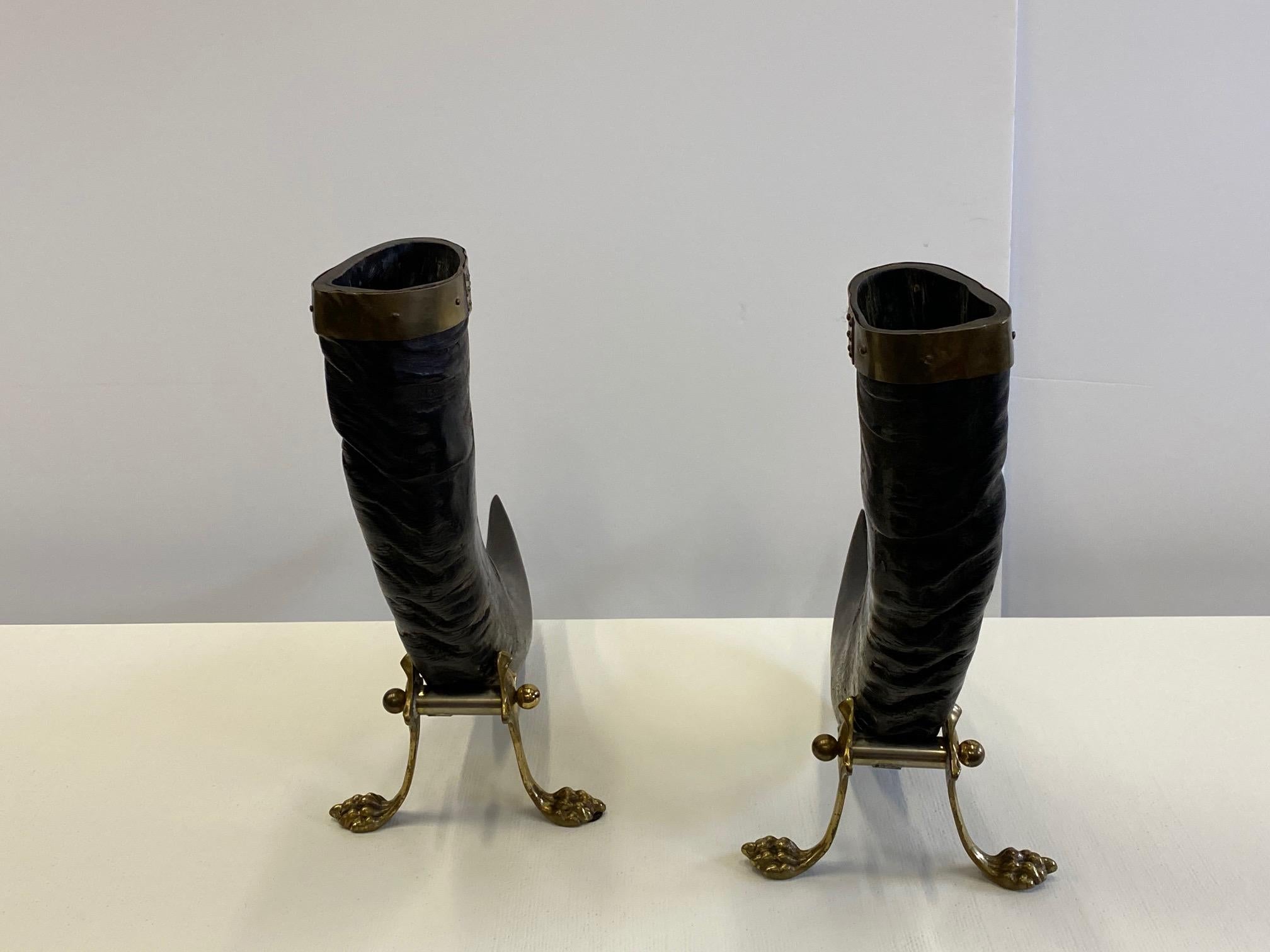 Striking Pair of Sculptural Authentic Buffalo Horns with Brass Mounts and Bases 4