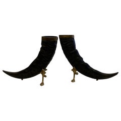 Striking Pair of Sculptural Authentic Buffalo Horns with Brass Mounts and Bases