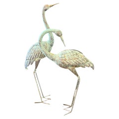 Striking Pair of Tall Vintage Aged Verdigris Copper Heron Bird Sculptures