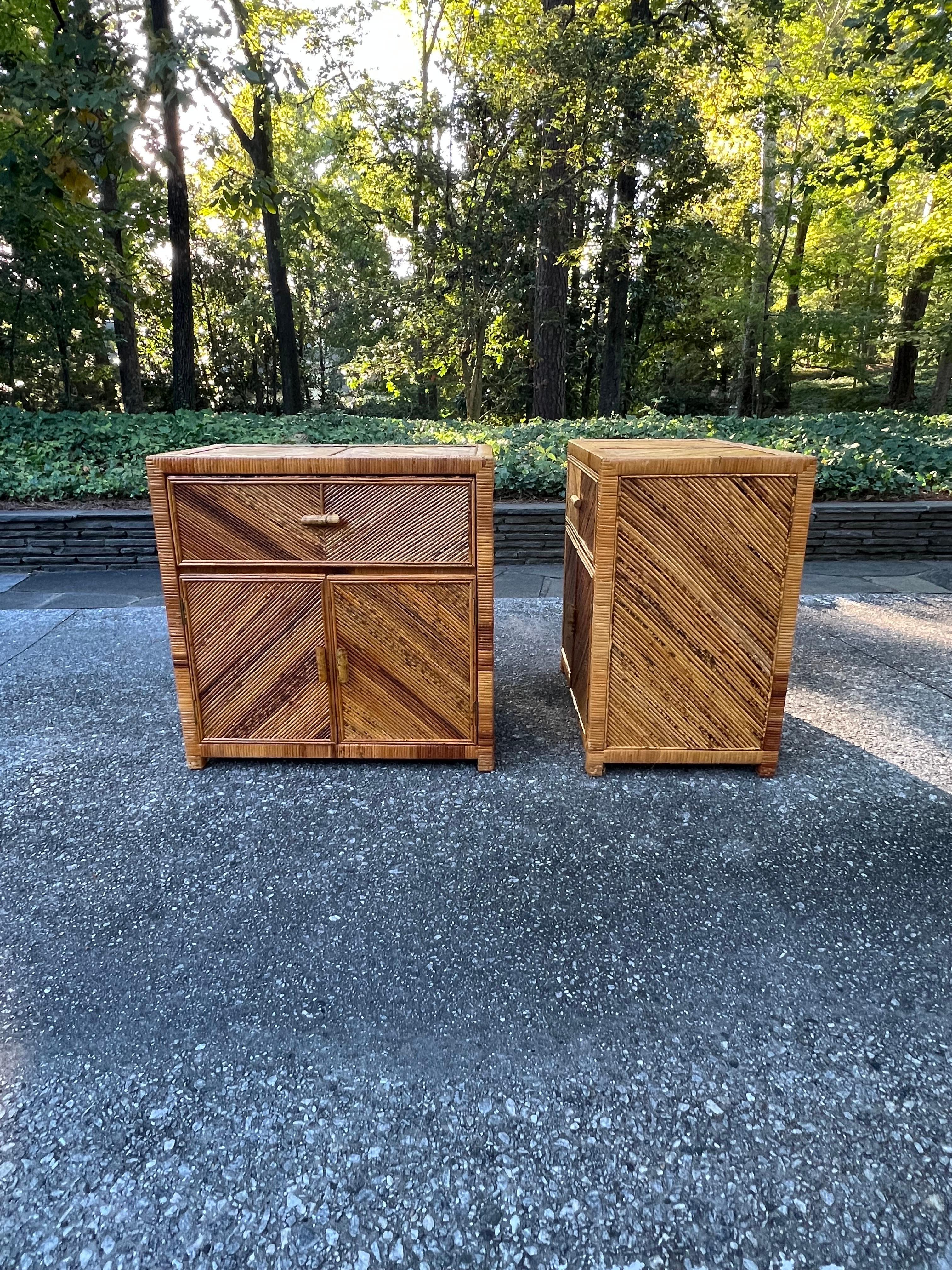 Striking Pair of Textural Bamboo and Cane Marquetry Commodes, circa 1975 For Sale 6