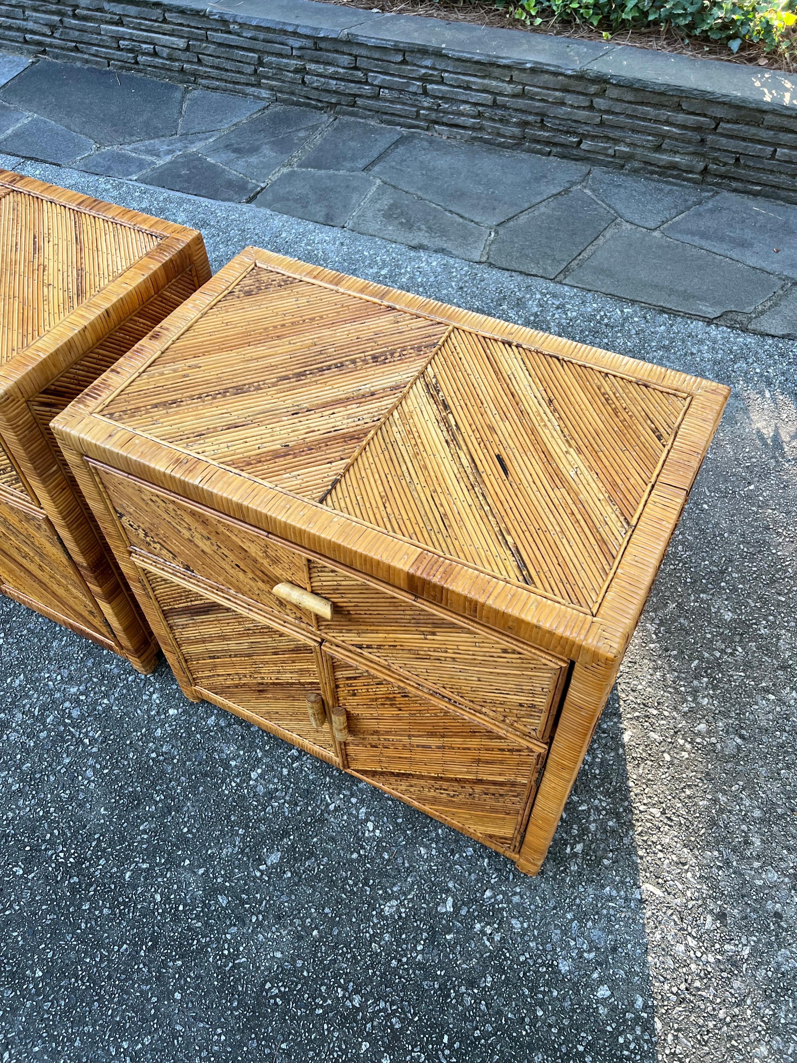 Striking Pair of Textural Bamboo and Cane Marquetry Commodes, circa 1975 For Sale 7