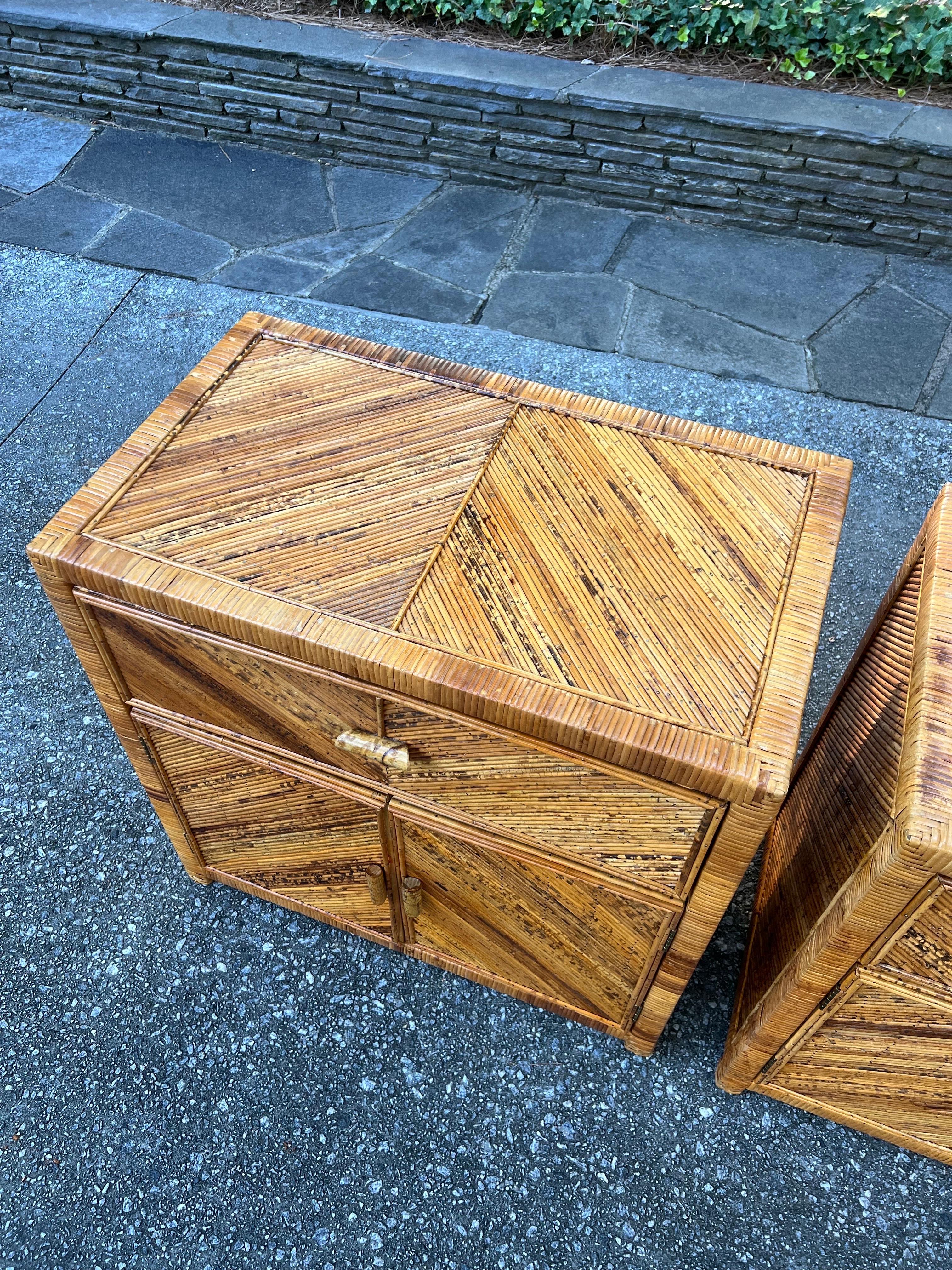 Striking Pair of Textural Bamboo and Cane Marquetry Commodes, circa 1975 For Sale 8