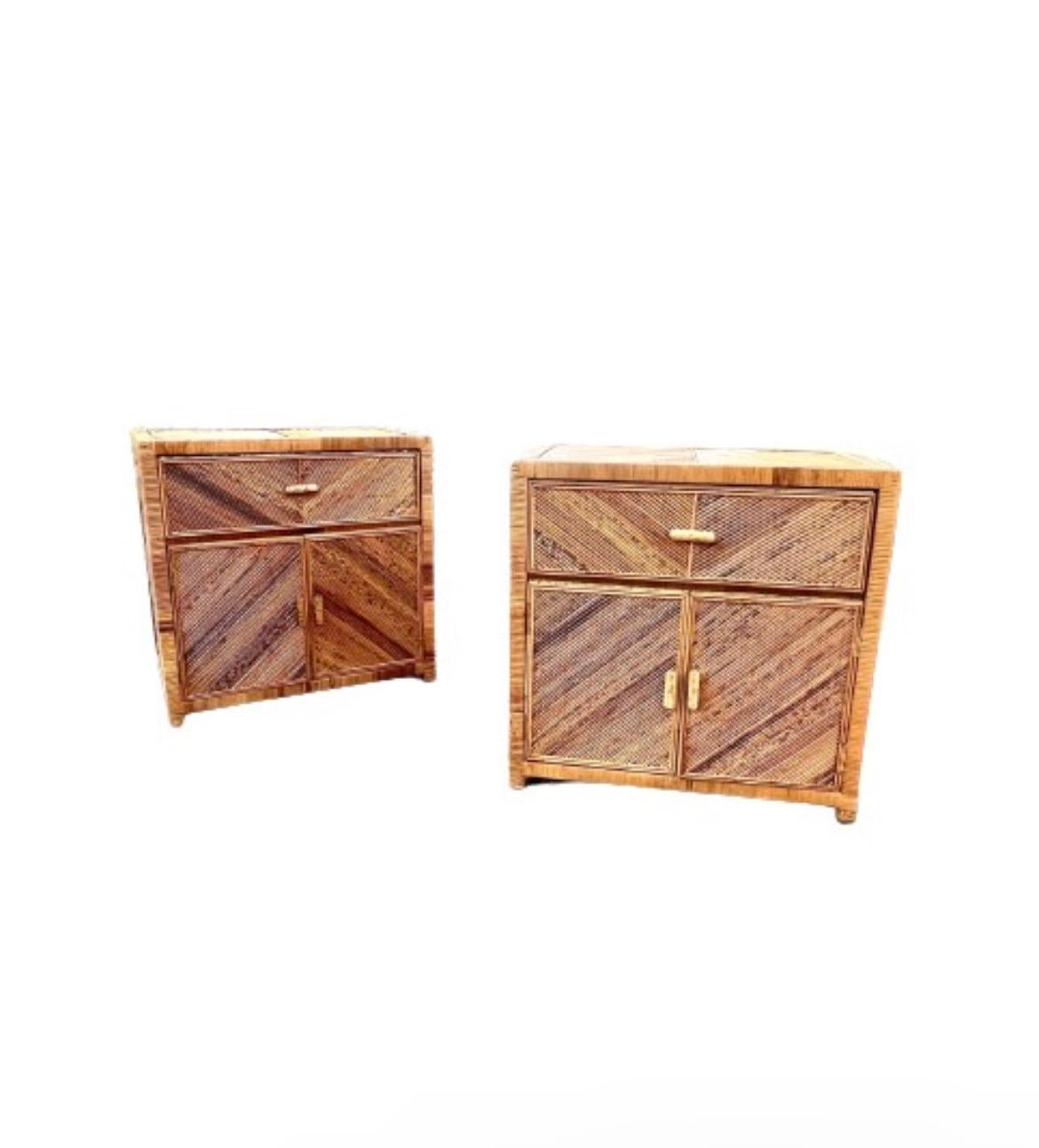 Striking Pair of Textural Bamboo and Cane Marquetry Commodes, circa 1975 For Sale 12