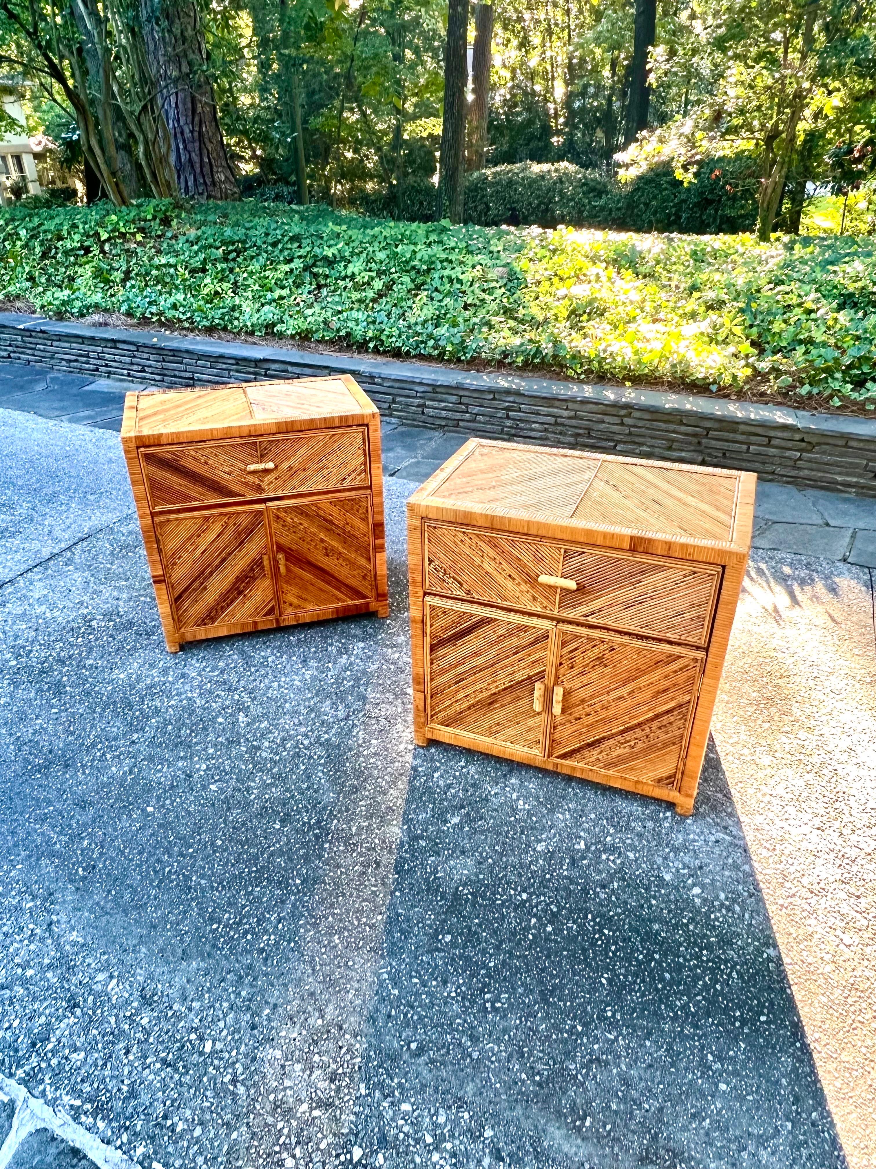 These magnificent commodes are shipped as professionally photographed and described in the listing narrative: Meticulously professionally restored and completely installation ready.

A breathtaking meticulously restored pair of bamboo marquetry