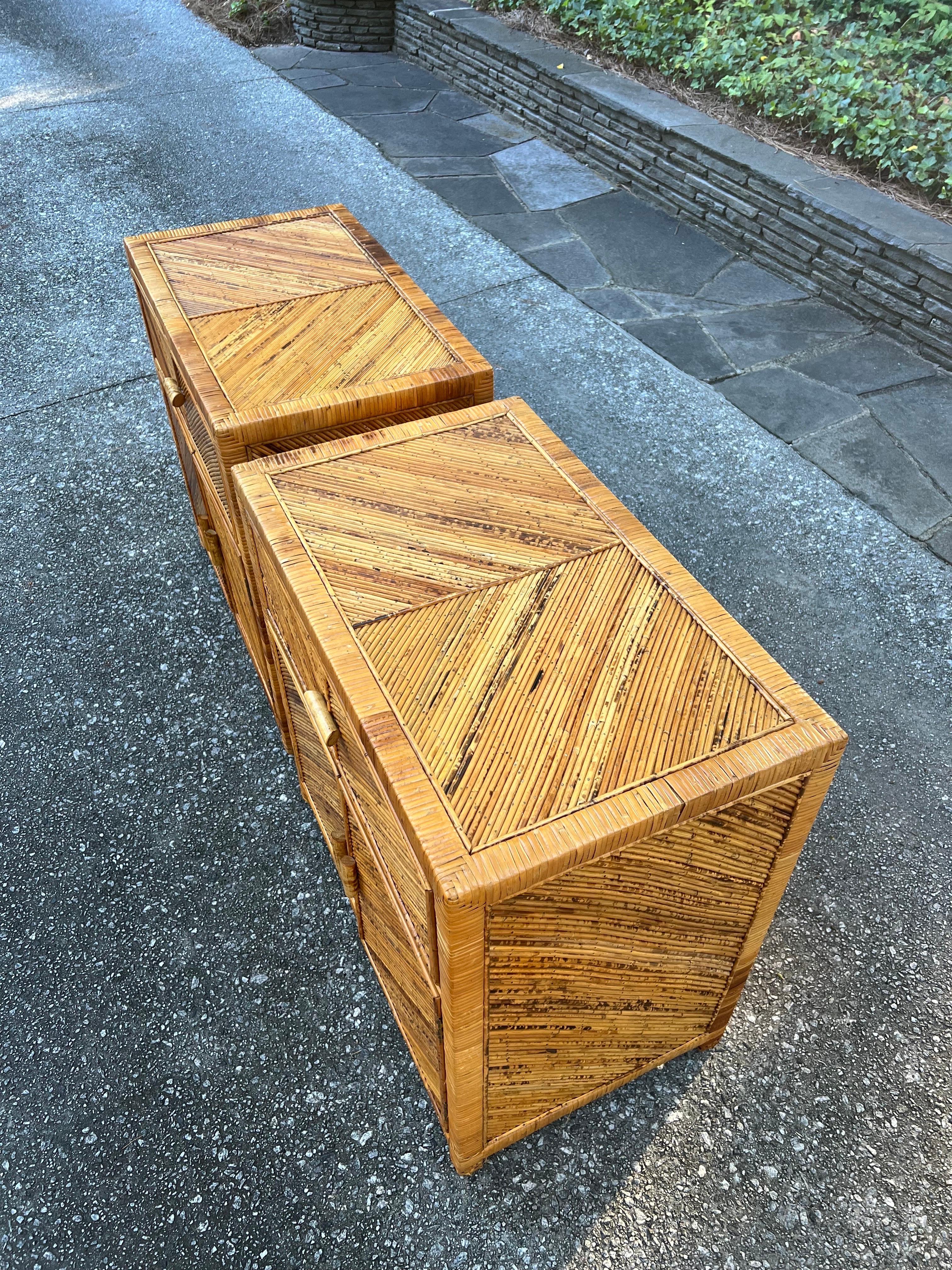 Organic Modern Striking Pair of Textural Bamboo and Cane Marquetry Commodes, circa 1975 For Sale