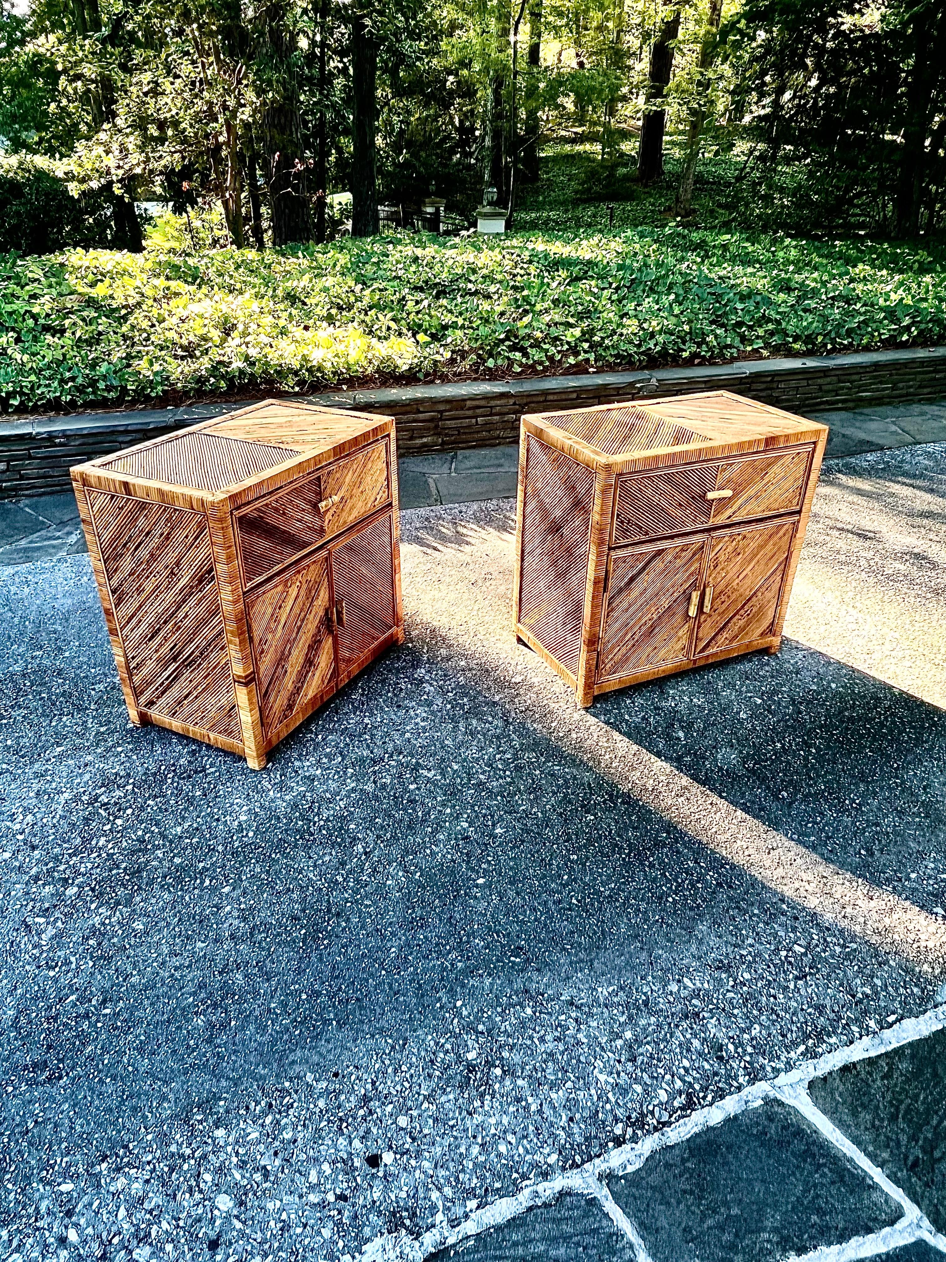 Philippine Striking Pair of Textural Bamboo and Cane Marquetry Commodes, circa 1975 For Sale