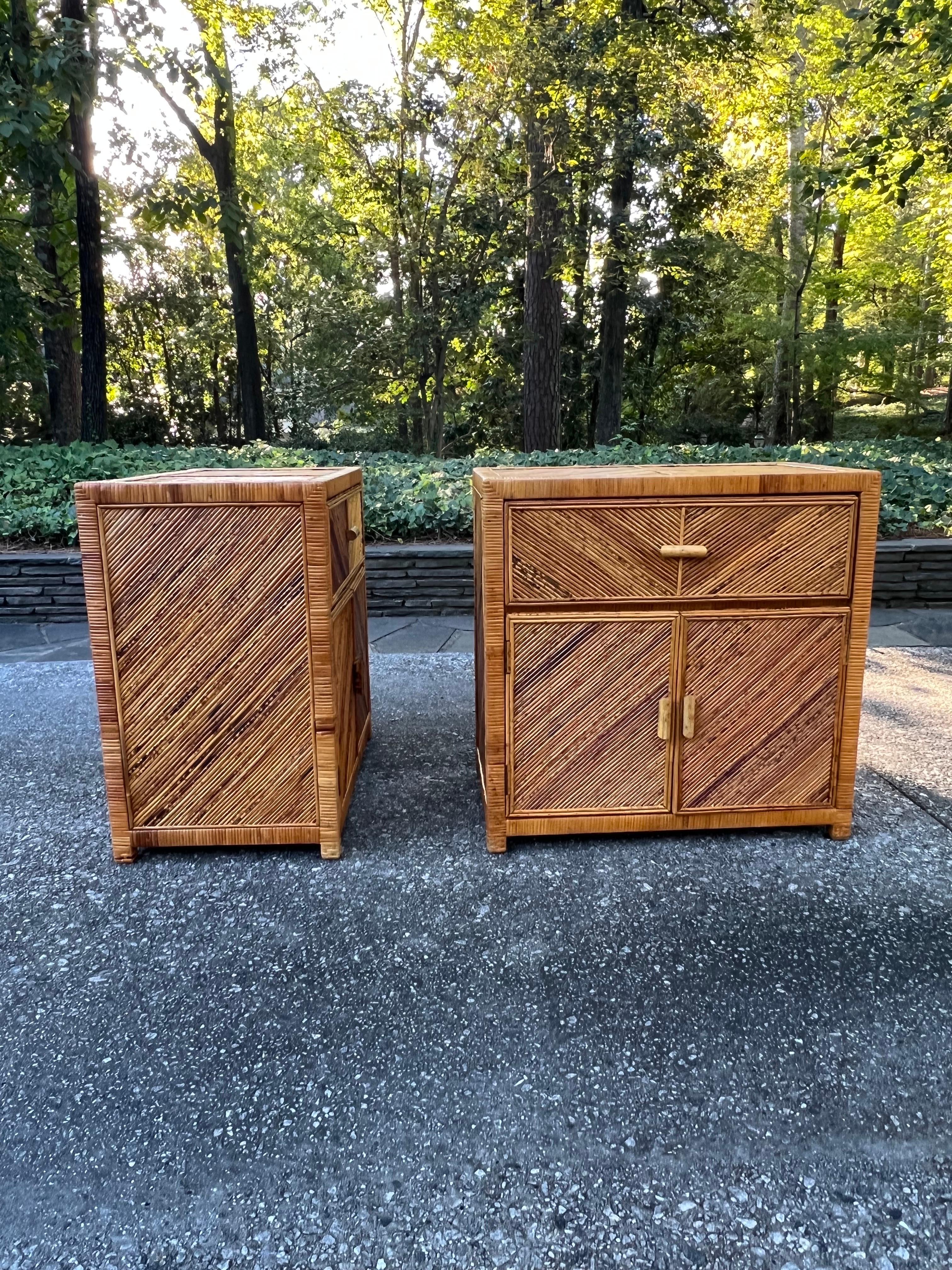 Late 20th Century Striking Pair of Textural Bamboo and Cane Marquetry Commodes, circa 1975 For Sale