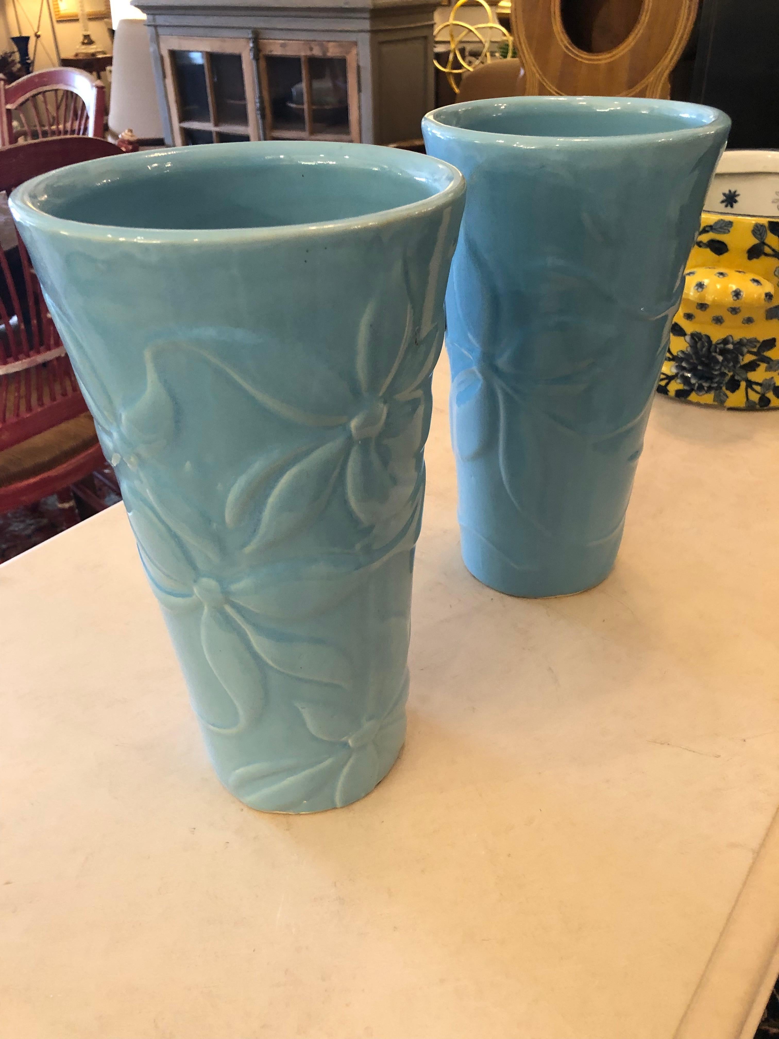 Late 20th Century Striking Pair of Sky Blue Pottery Vases For Sale
