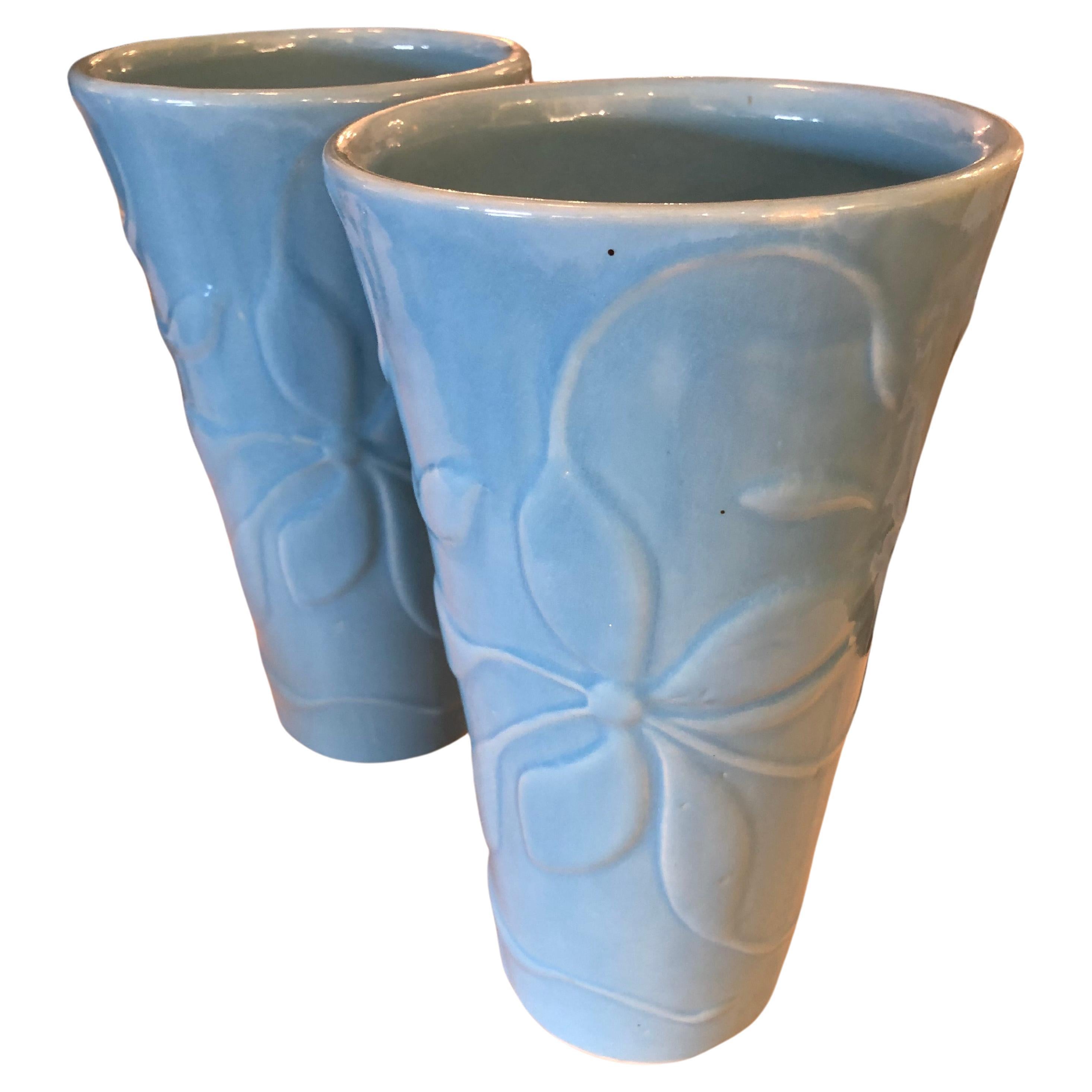 Striking Pair of Sky Blue Pottery Vases